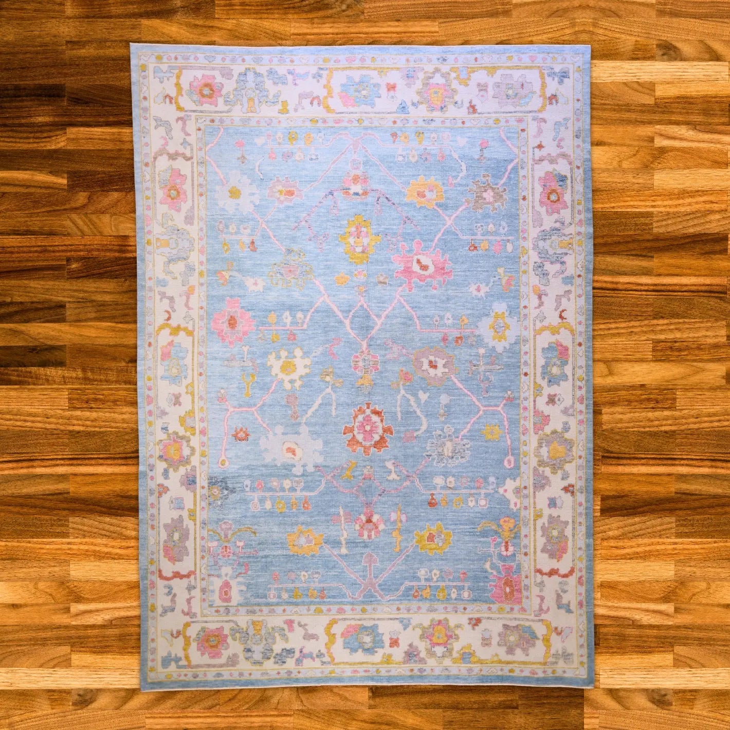 10'   3" x  14'   4" BLUE AND BEIGE OUSHAK GEOMETRIC TURKISH RUG