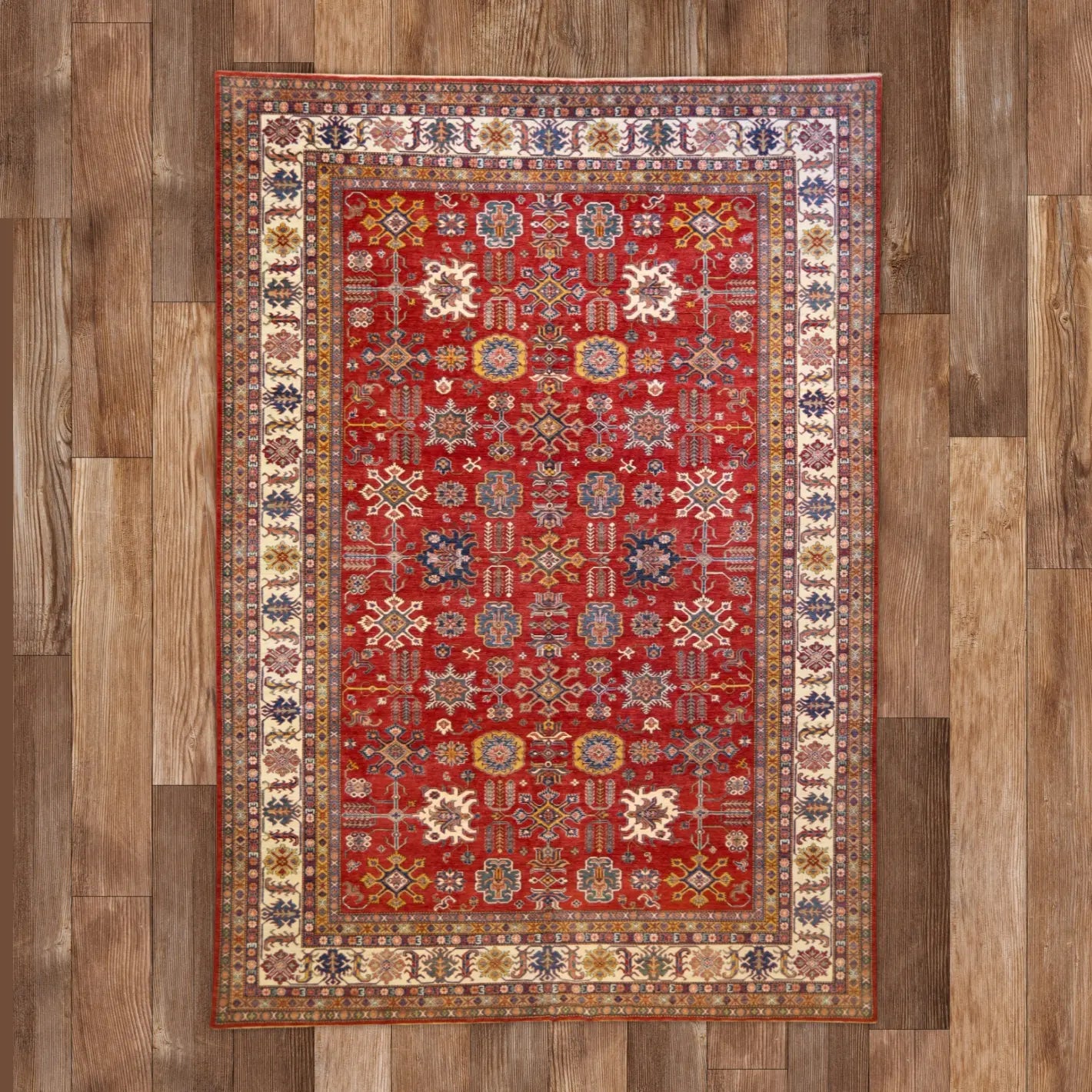 9'11" x 14'1" RED AND IVORY KAZAK GEOMETRIC PAKISTANI RUG