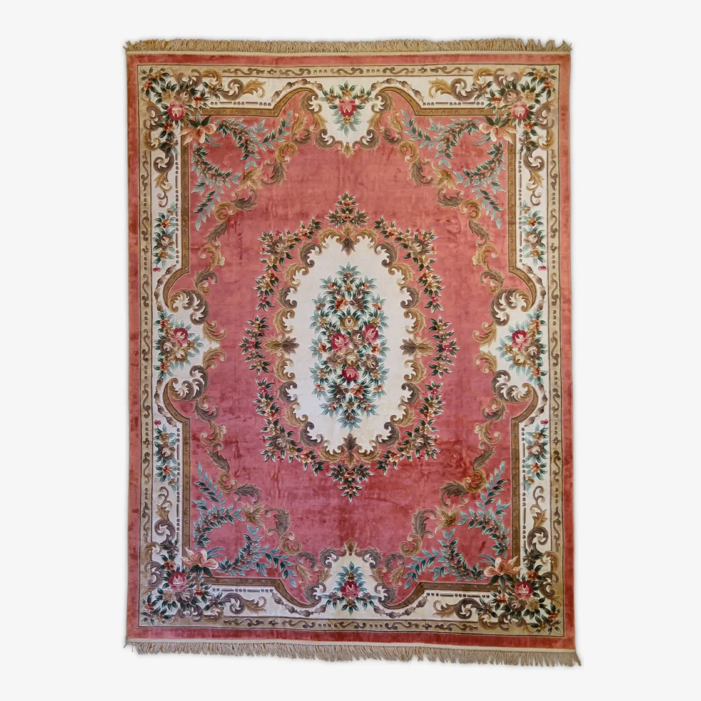 9'0" x 12'0" IVORY AND PINK AUBUSSON FLORAL CHINESE RUG