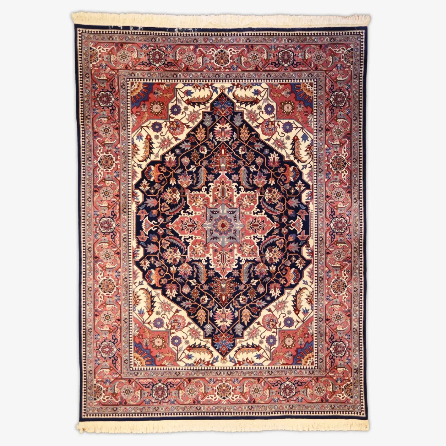 8'6" x 11'8" IVORY AND NAVY HERIZ FLORAL INDIAN RUG