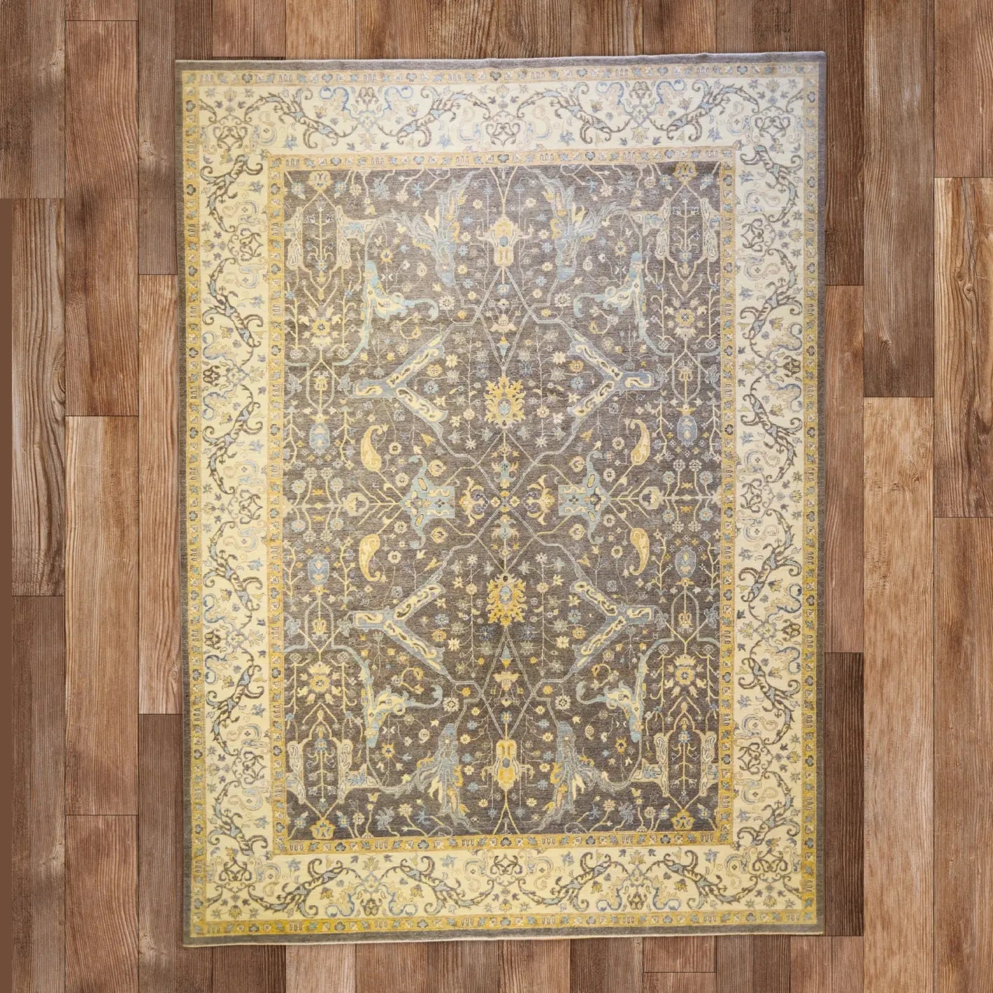 10'3" x 13'11" GRAY AND IVORY PESHAWAR FLORAL PAKISTANI RUG