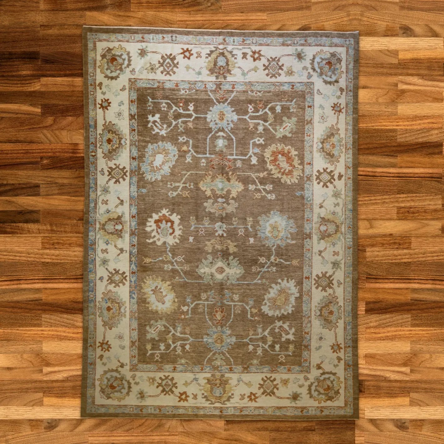 10'   0" x  14'   3" BROWN AND BEIGE OUSHAK GEOMETRIC TURKISH RUG