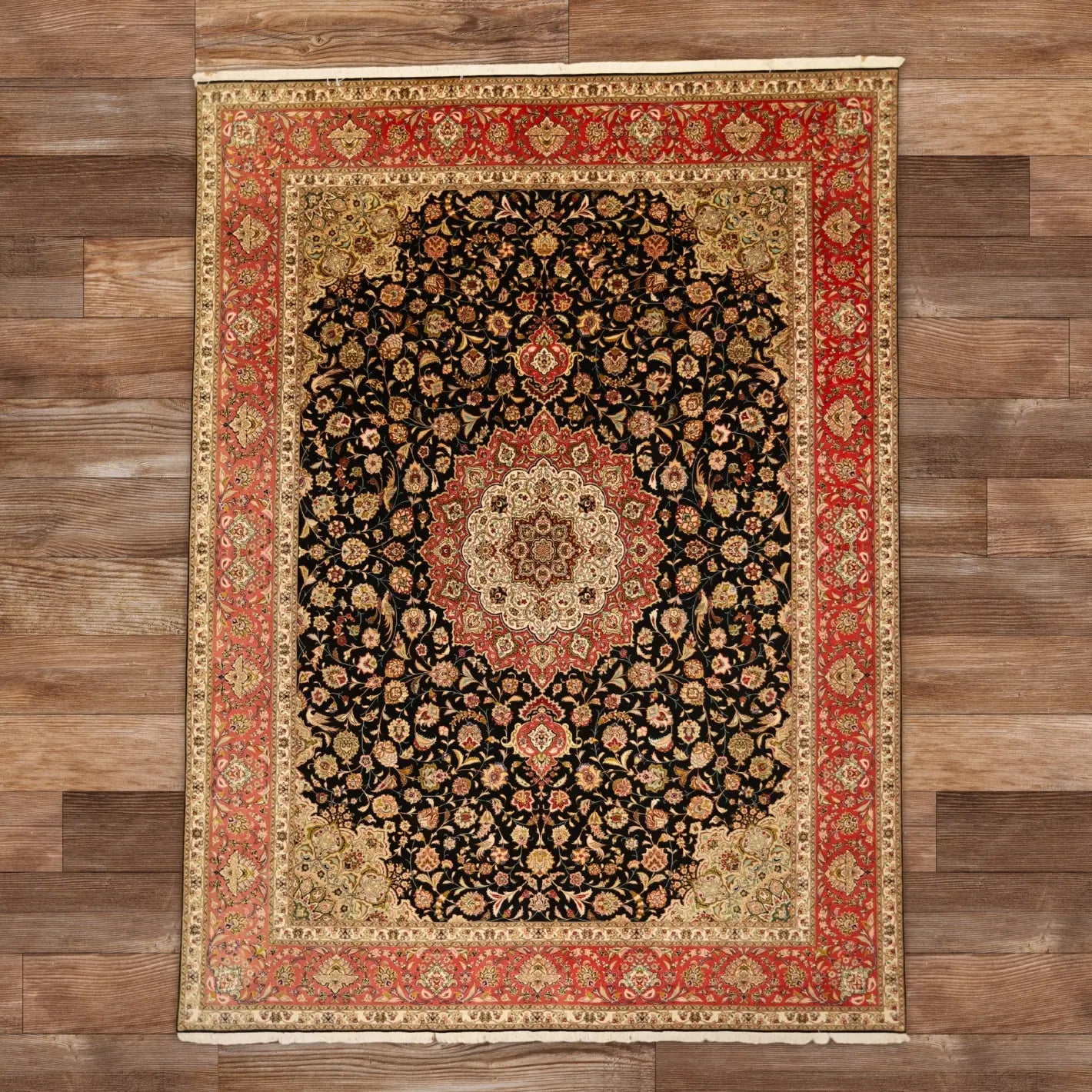 9'7" x  12'11" BLACK AND ROSE TABRIZ FLORAL PERSIAN RUG