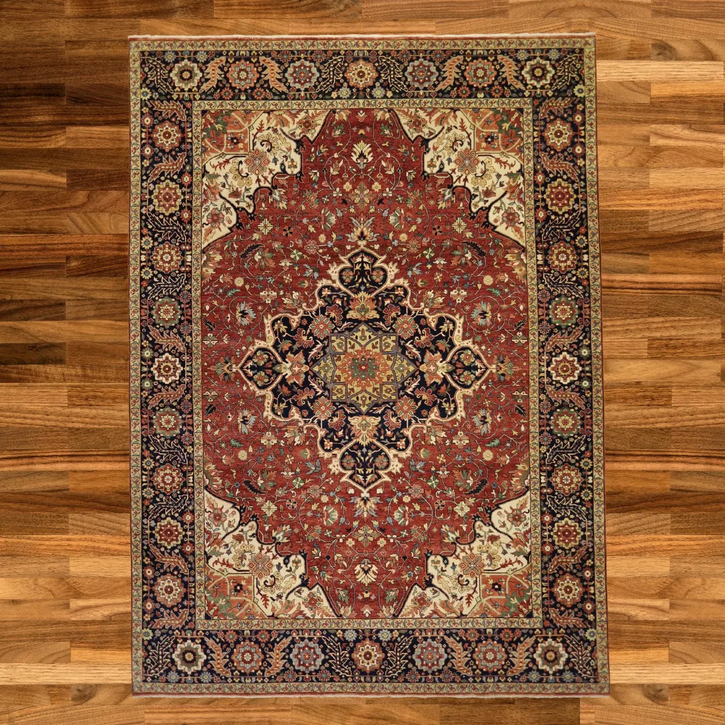 10'2" x 14'0" RED AND BLUE SERAPI GEOMETRIC INDIAN RUG