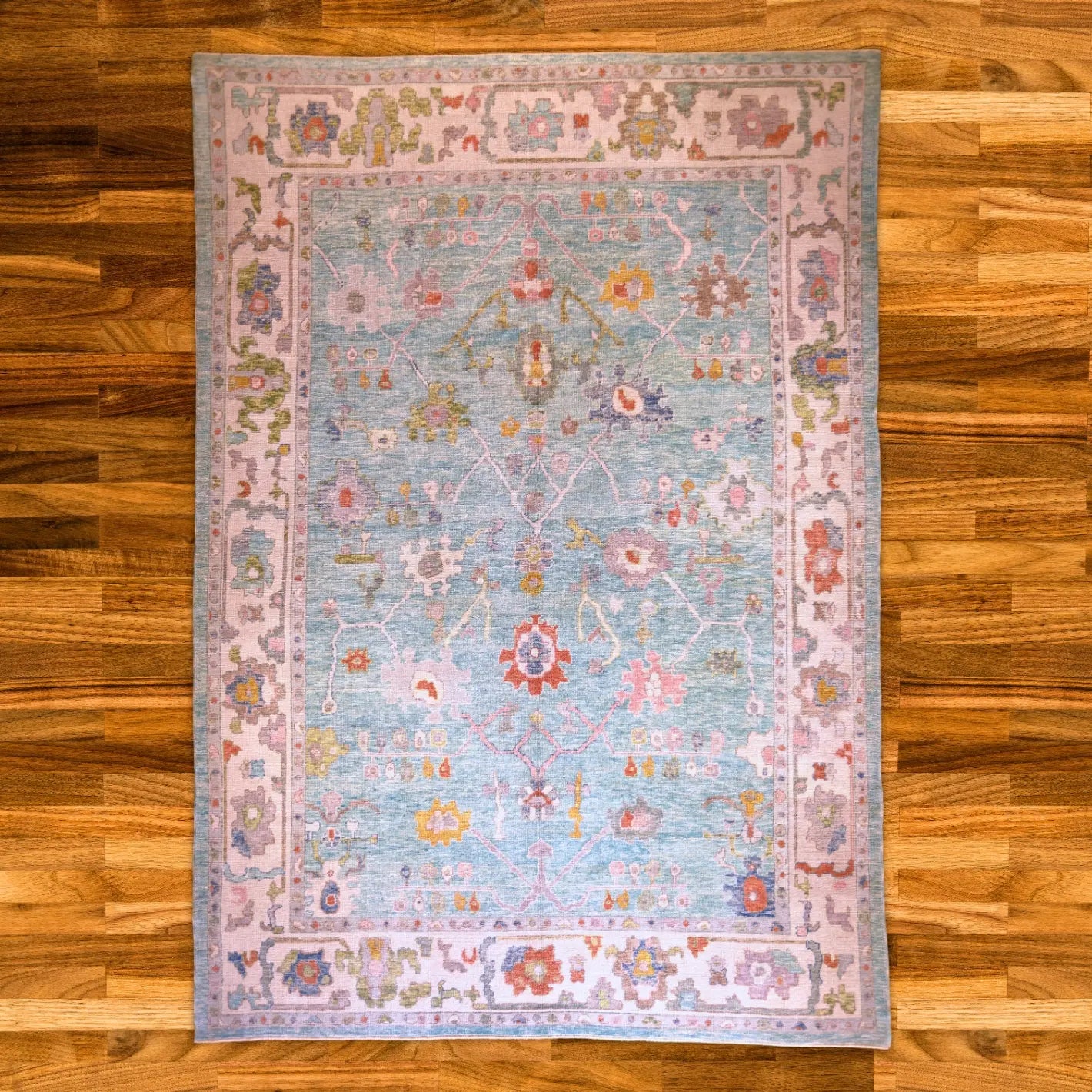 10'   0" x  14'   5" TEAL AND IVORY OUSHAK GEOMETRIC TURKISH RUG