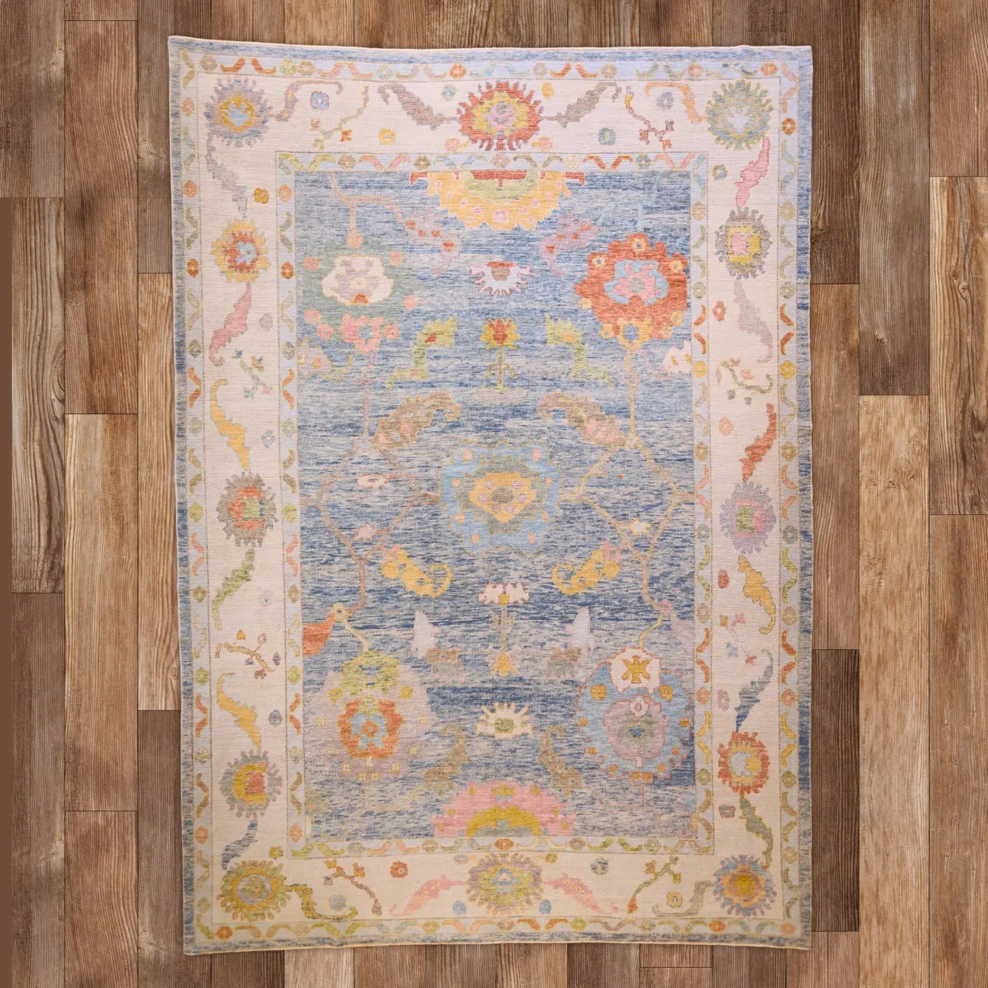 10'   1" x  14'   3" BLUE AND IVORY OUSHAK GEOMETRIC TURKISH RUG