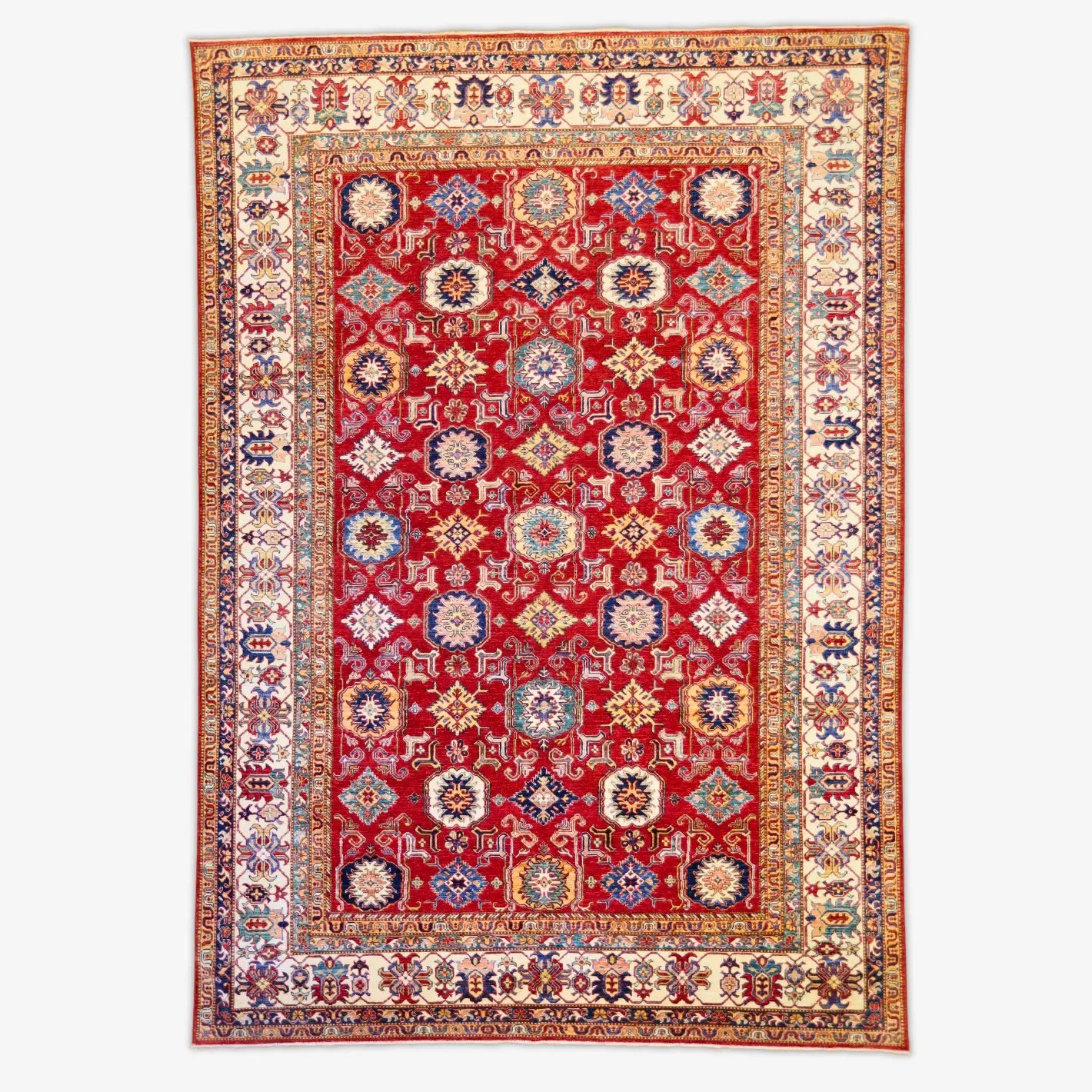 8'10" x 12'6" RED AND BEIGE KAZAK GEOMETRIC PAKISTANI RUG