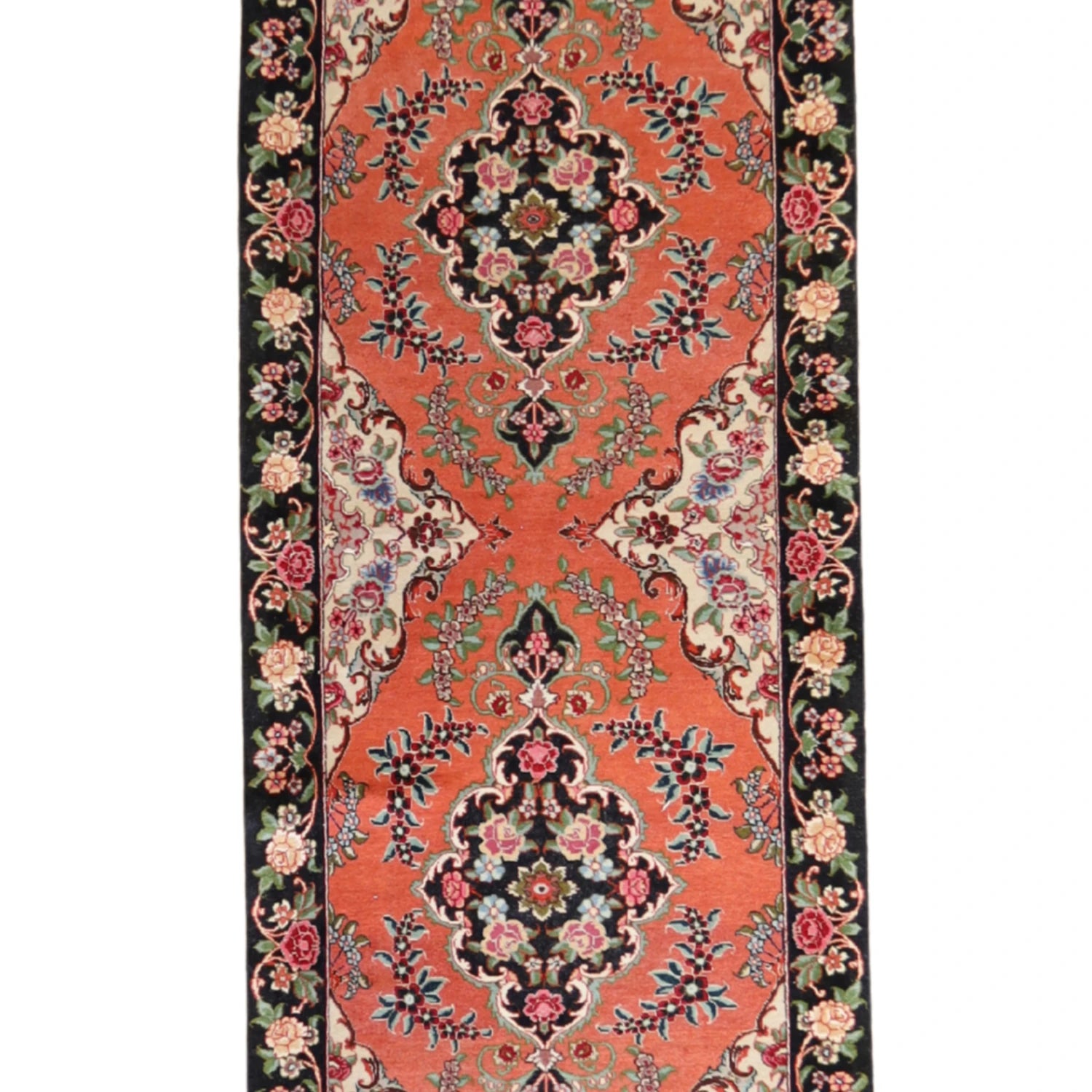 2' 11" x 12' 8" SALMON AND BLACK TABRIZ FLORAL PERSIAN RUG