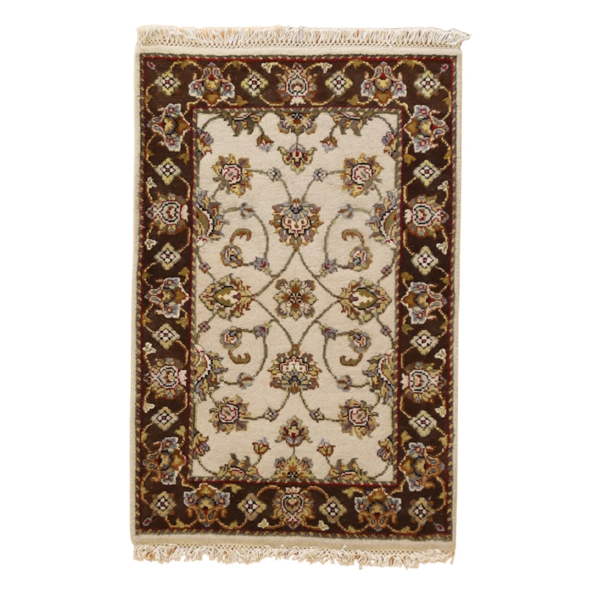 2'0" x 3'0" IVORY AND BROWN JAIPUR FLORAL INDIAN RUG