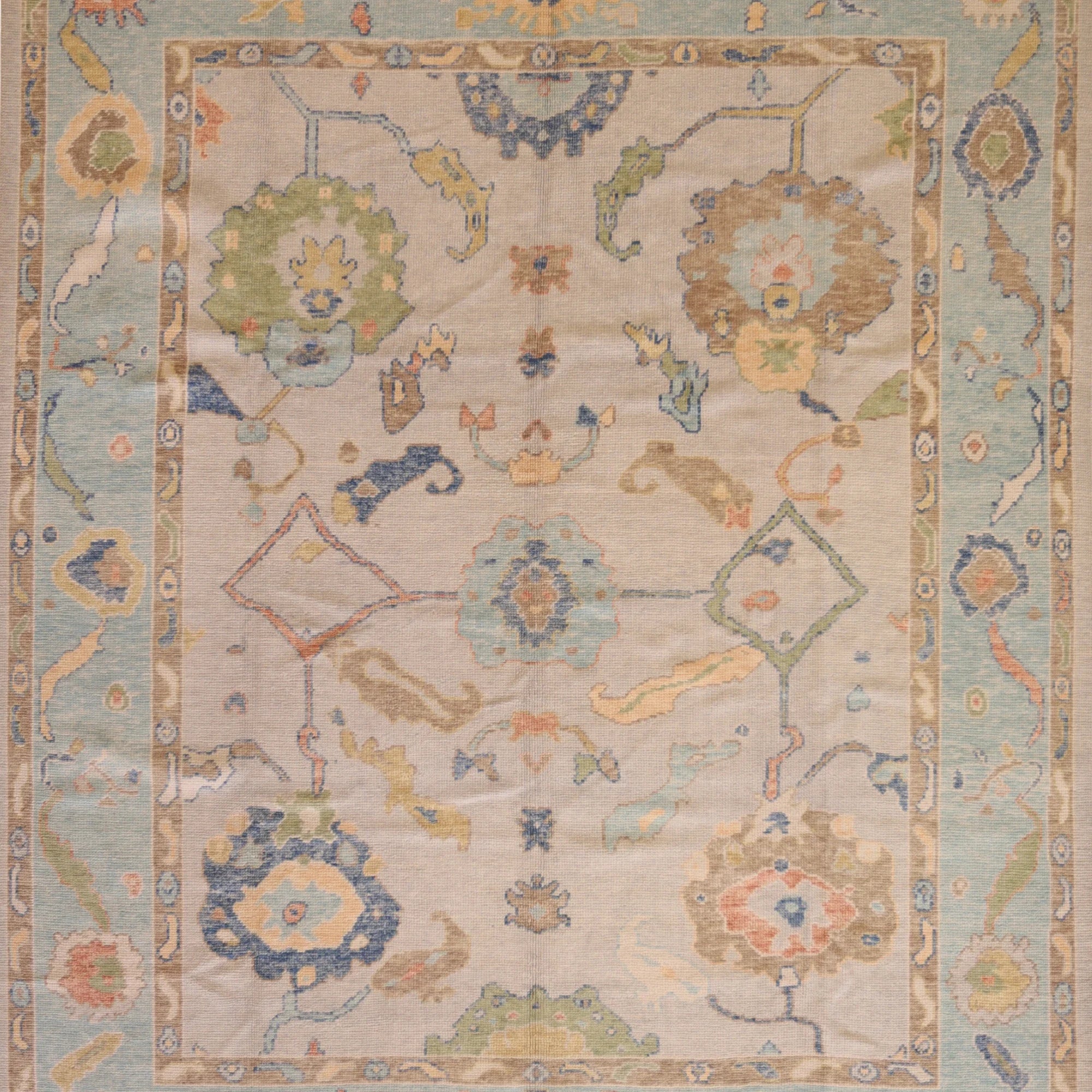 8'3" x 10'4" GRAY AND TEAL OUSHAK GEOMETRIC TURKISH RUG