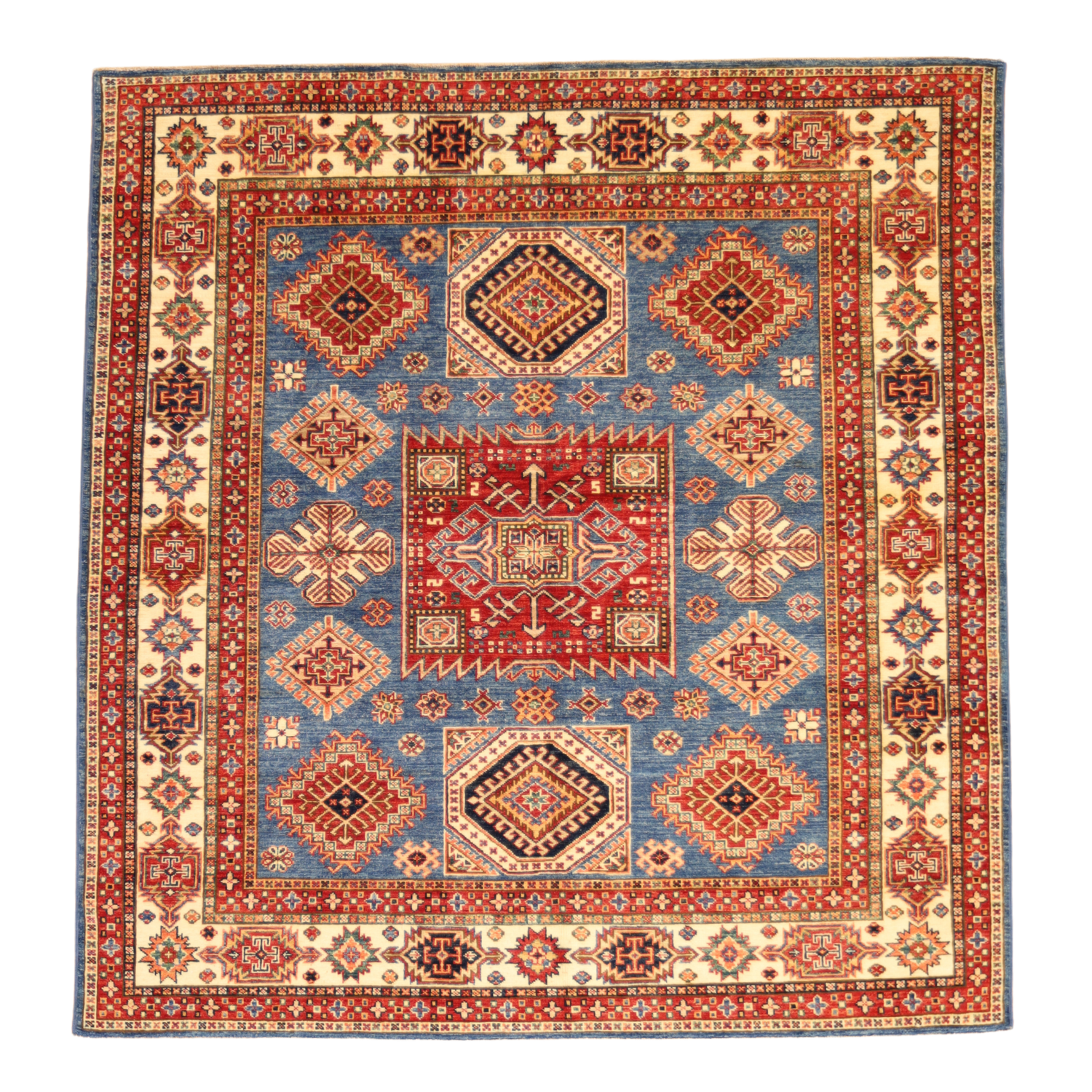 6'0" x 6'4" BLUE AND IVORY KAZAK GEOMETRIC PAKISTANI RUG