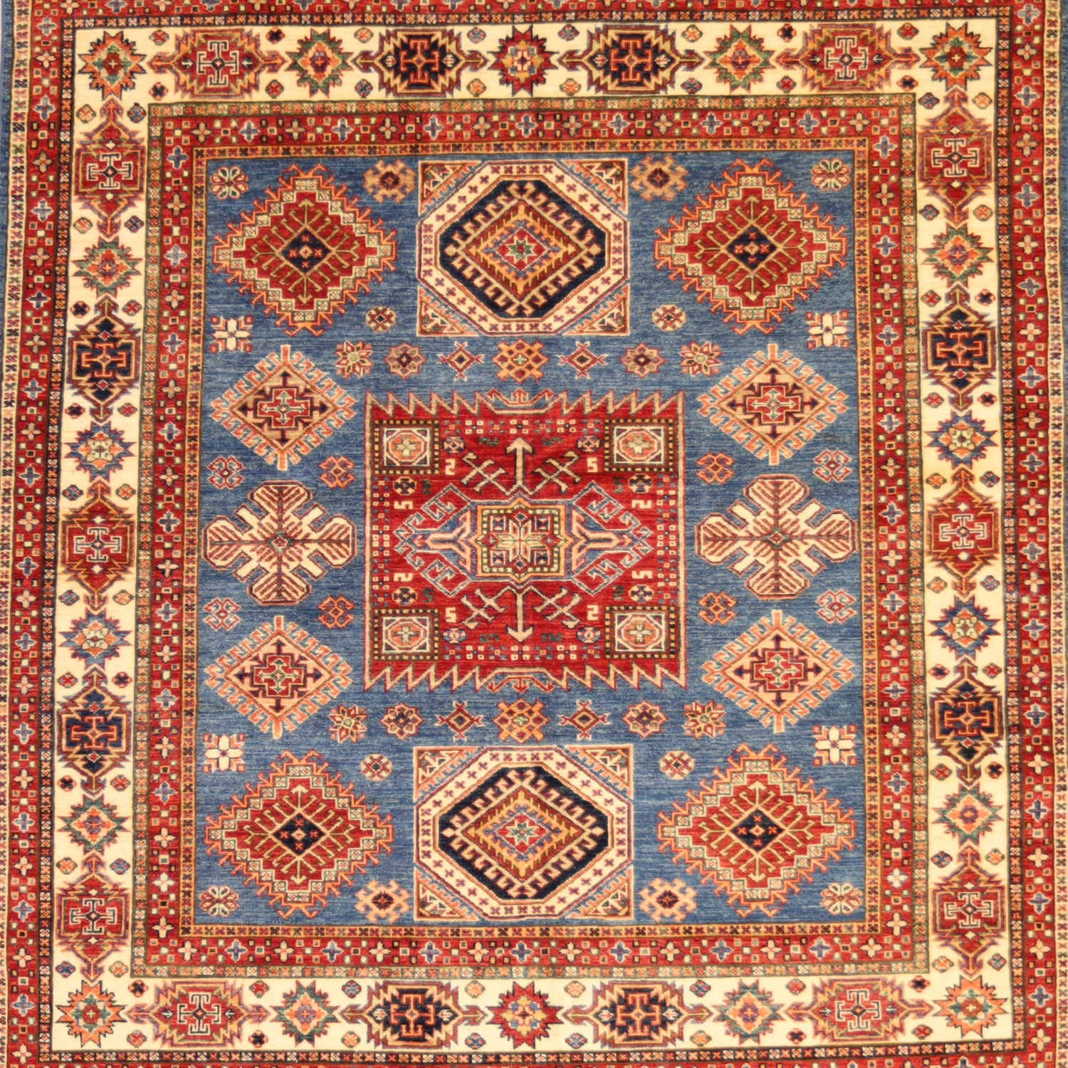 6'0" x 6'4" BLUE AND IVORY KAZAK GEOMETRIC PAKISTANI RUG