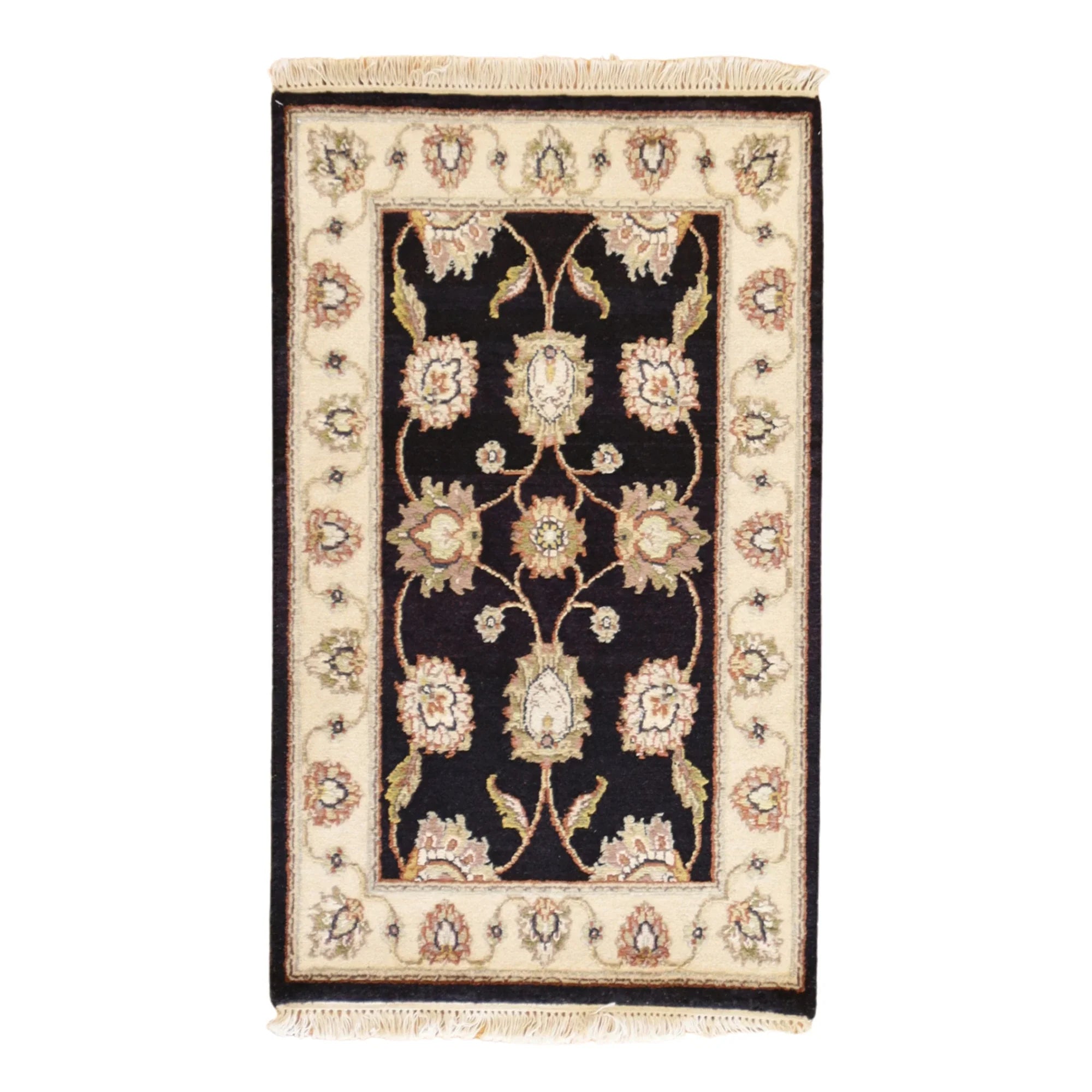 2'0" x 3'0" BLACK AND BEIGE JAIPUR FLORAL INDIAN RUG