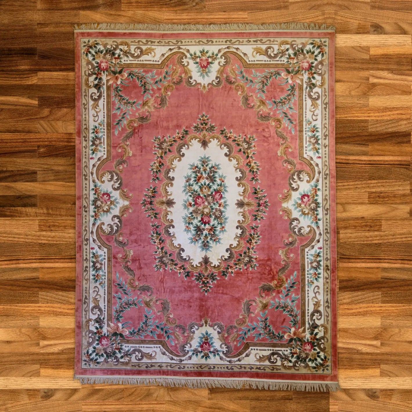 9'0" x 12'0" IVORY AND PINK AUBUSSON FLORAL CHINESE RUG