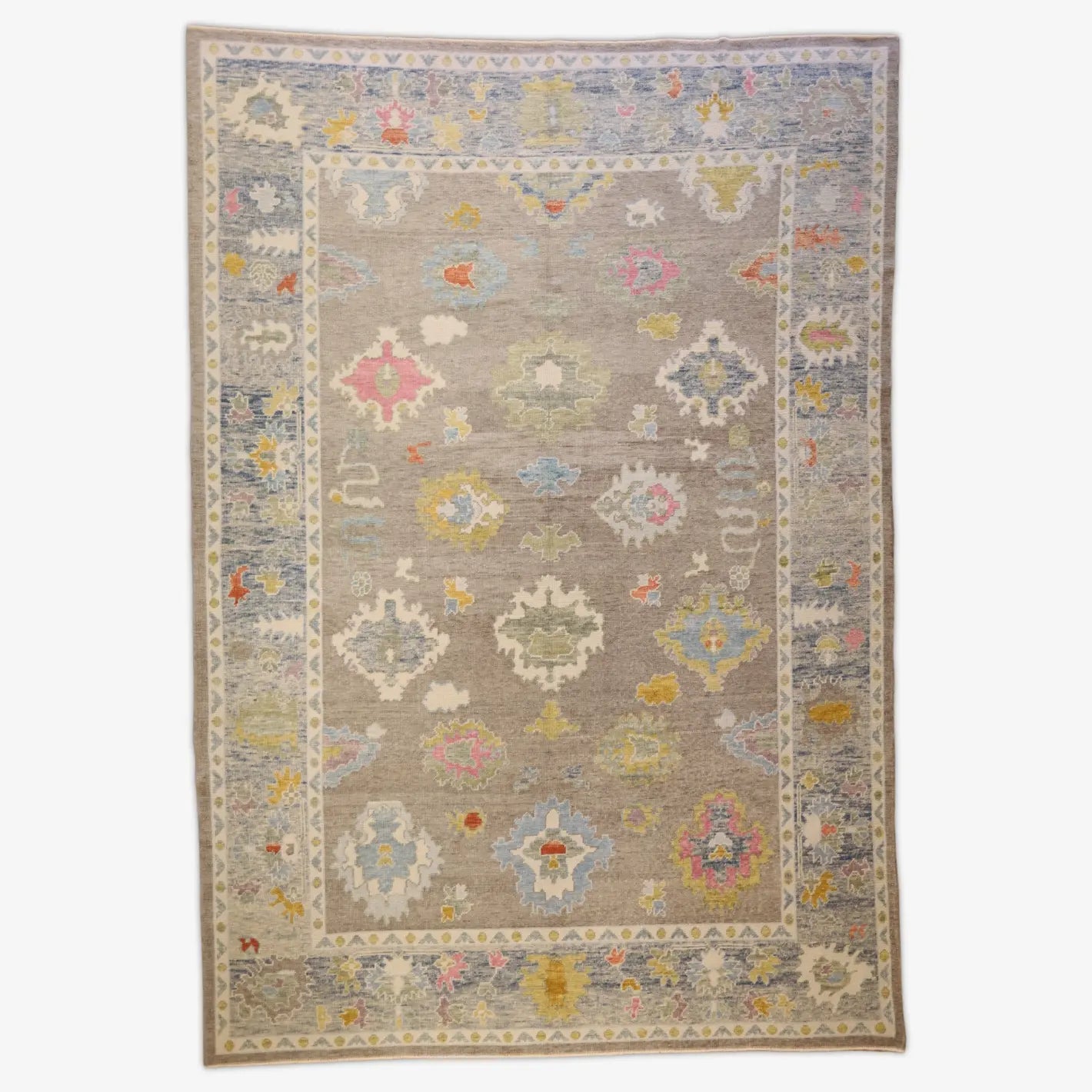 9'1" x 13'2" GRAY AND BLUE OUSHAK GEOMETRIC TURKISH RUG
