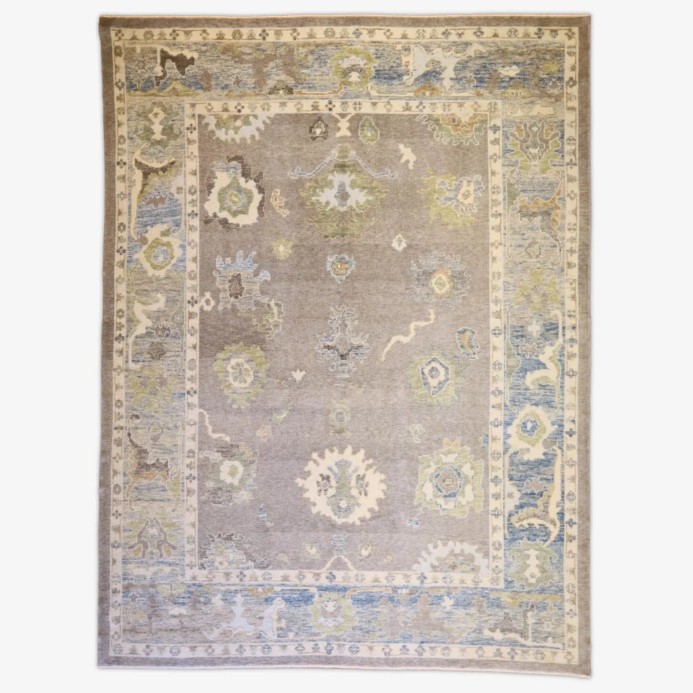 9'6" x 12'8" GRAY AND BLUE GEOMETRIC OUSHAK TURKISH RUG