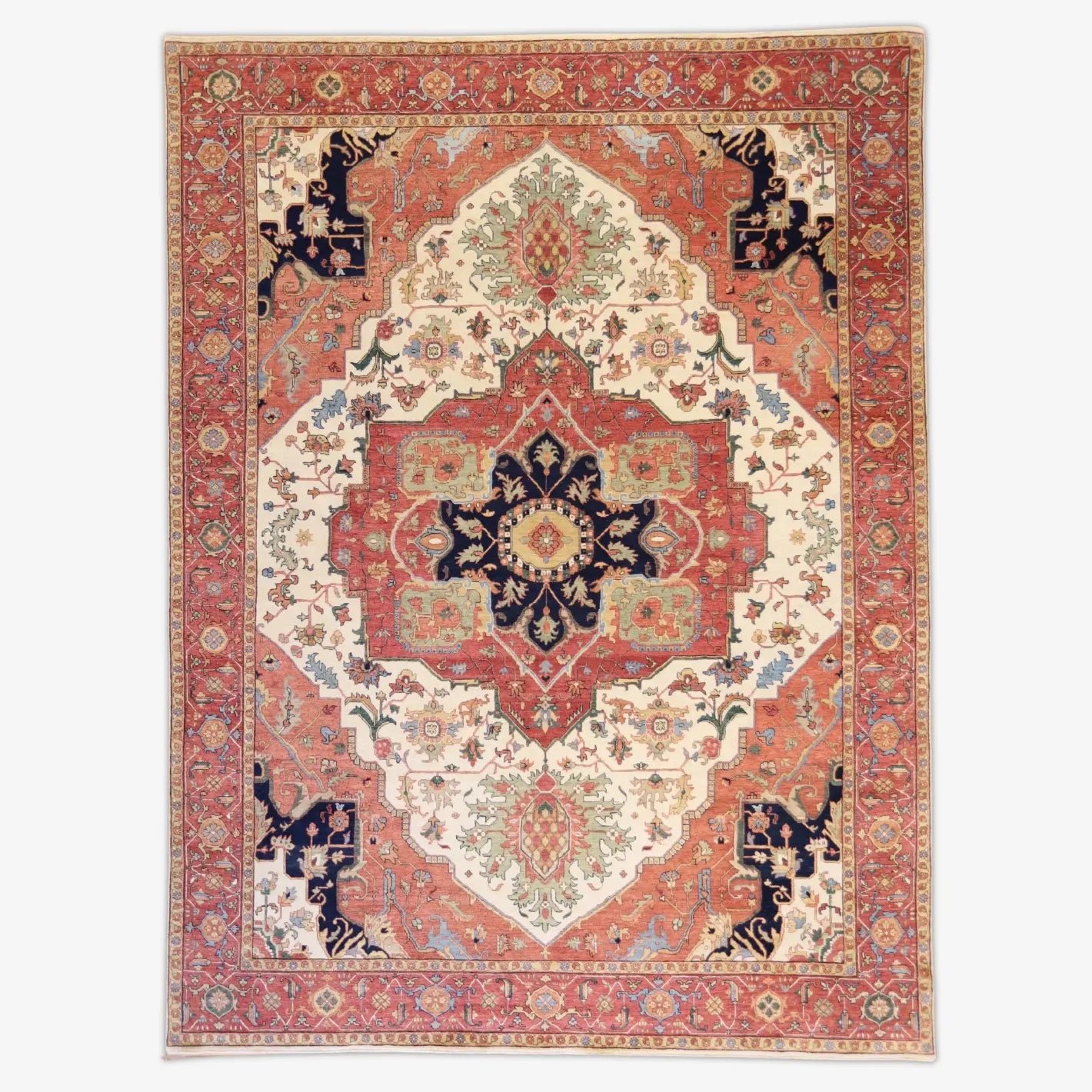 9'0" x 11'11" BEIGE AND RED SERAPI GEOMETRIC INDIAN RUG