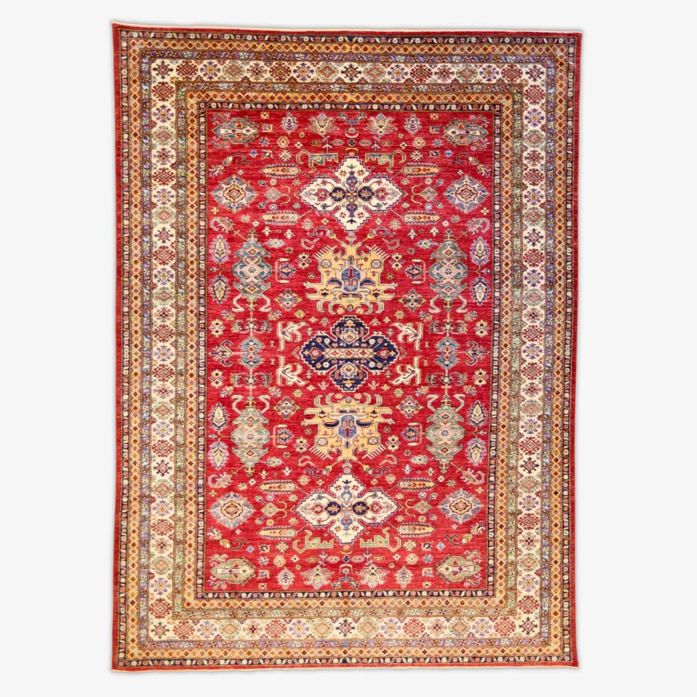 9'0" x 12'4" RED AND BEIGE KAZAK GEOMETRIC PAKISTANI RUG