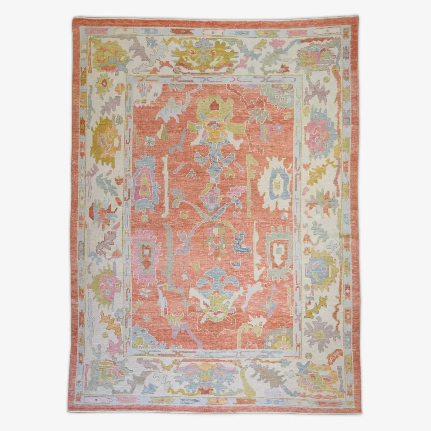 9'2" x 12'5" SALMON AND BEIGE OUSHAK GEOMETRIC TURKISH RUG