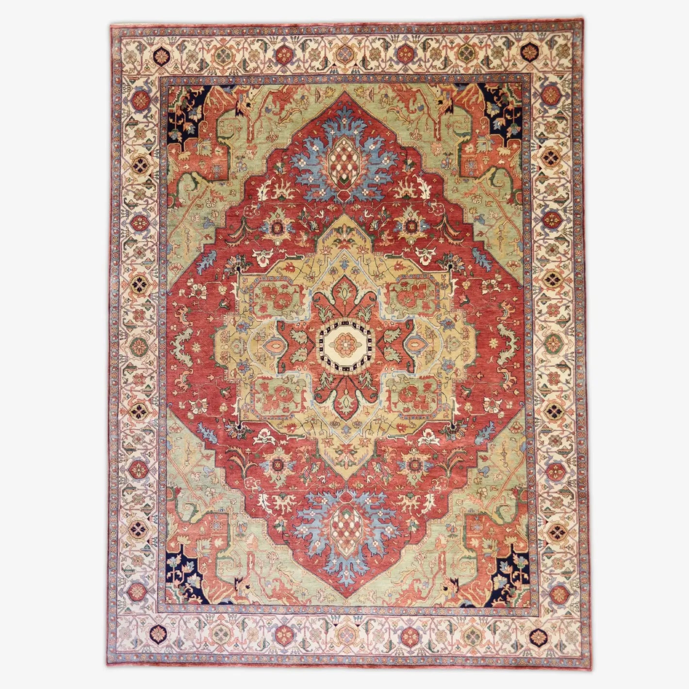 9'0" x 12'1" RED AND BEIGE SERAPI GEOMETRIC INDIAN RUG
