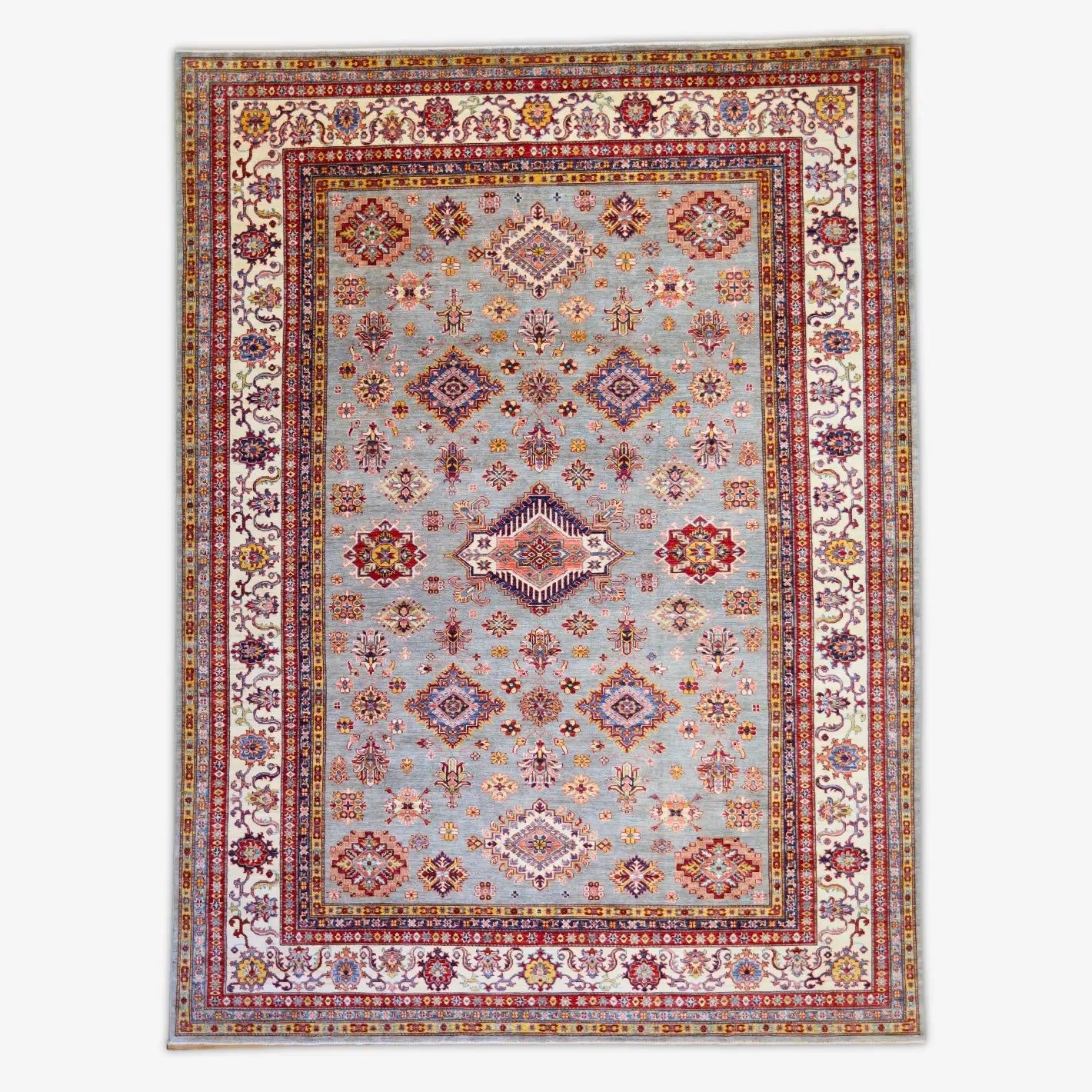 9'2" x 12'3" GRAY AND IVORY KAZAK GEOMETRIC PAKISTANI RUG
