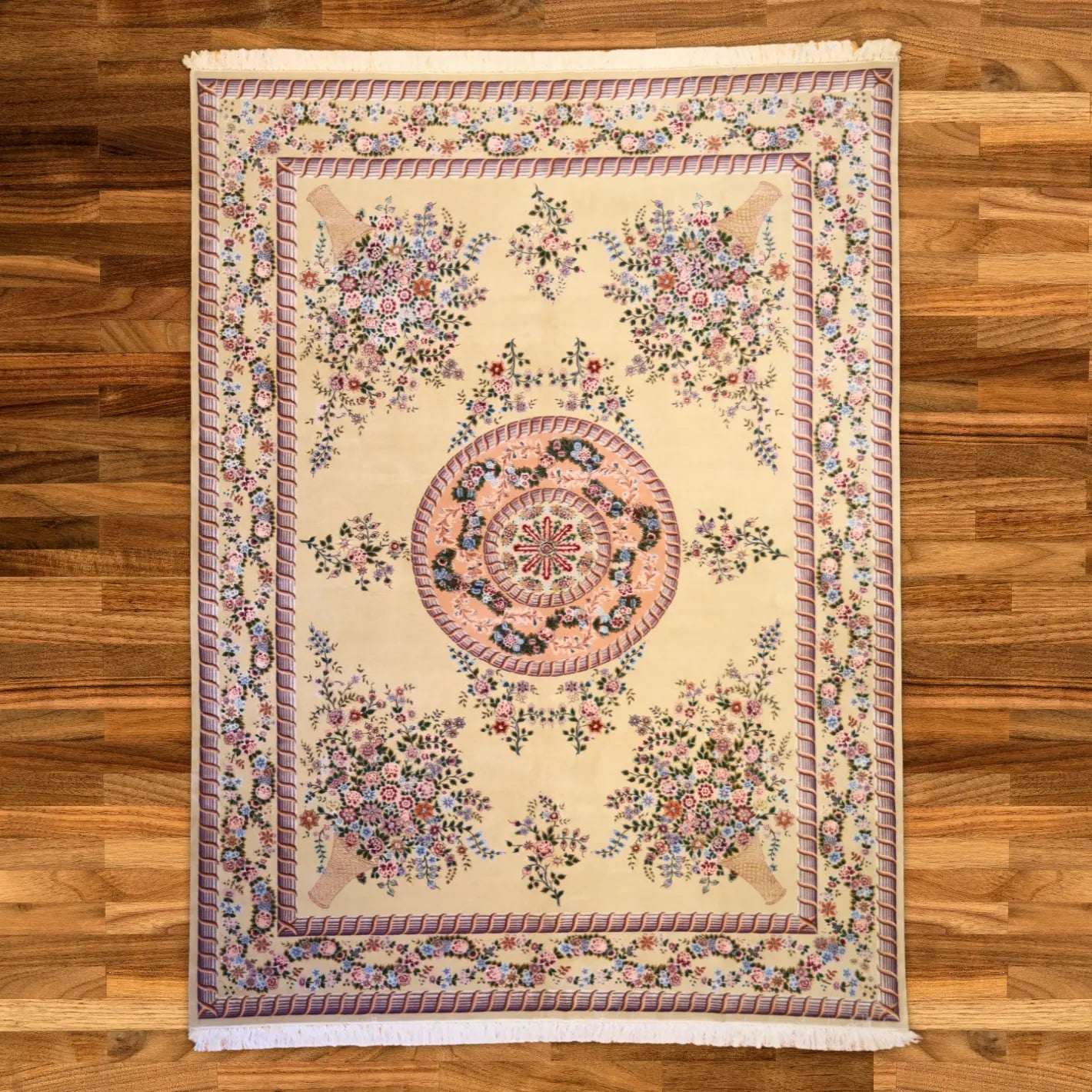 8'7" x 11'7" BEIGE AND BROWN EUROPEAN PAKISTANI FLORAL RUG