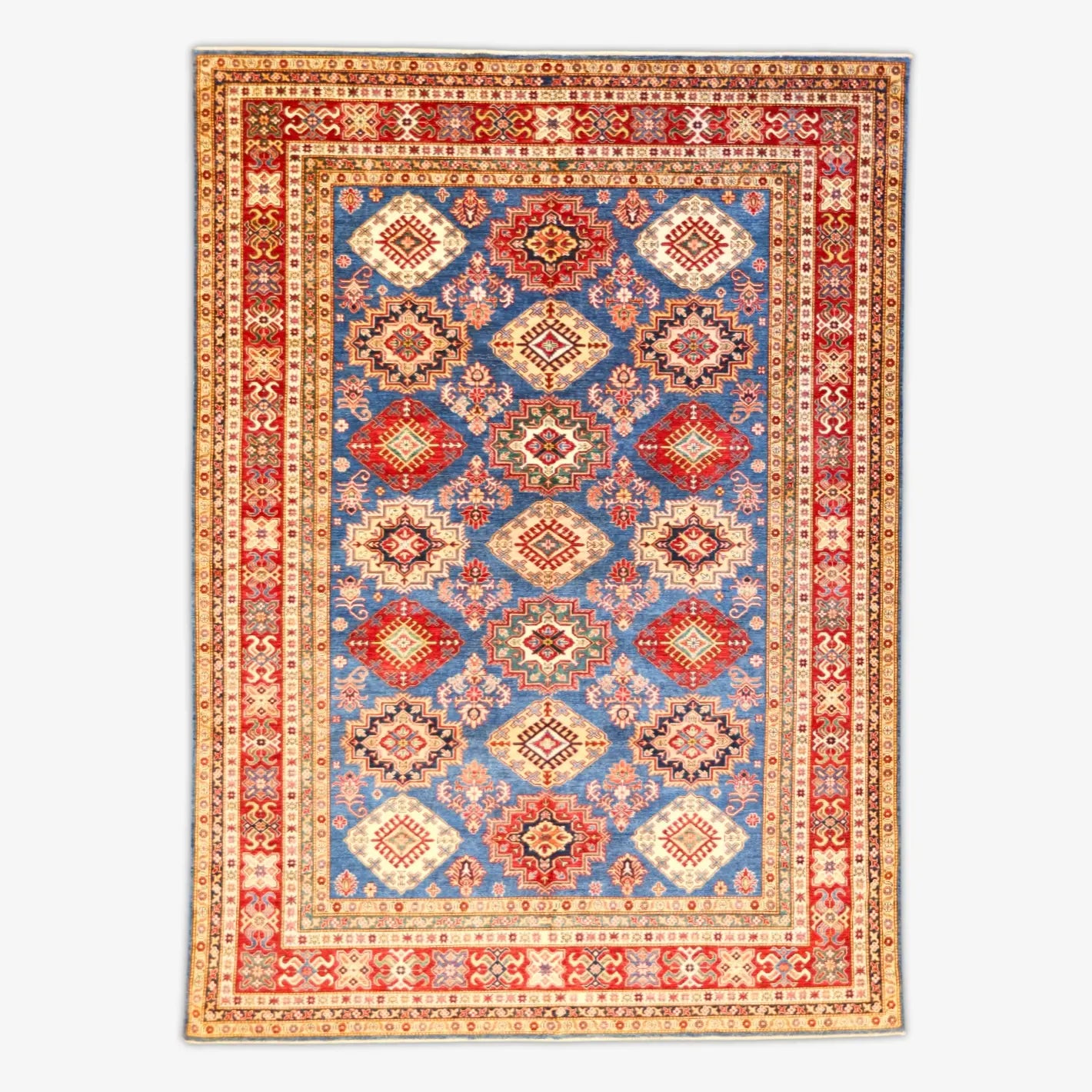 9'0" x 12'6" BLUE AND RED KAZAK GEOMETRIC PAKISTANI RUG