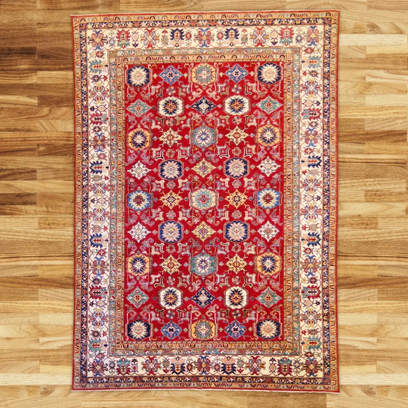 8'10" x 12'6" RED AND BEIGE KAZAK GEOMETRIC PAKISTANI RUG