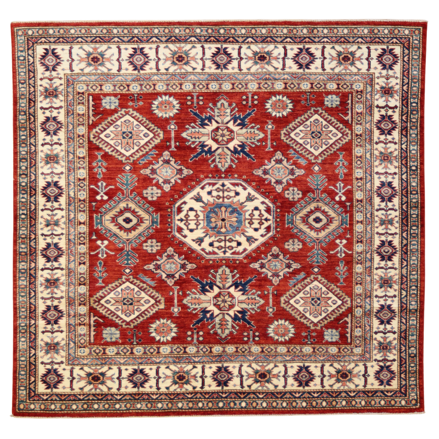5'10" x 6'1" RED AND IVORY KAZAK GEOMETRIC PAKISTANI RUG