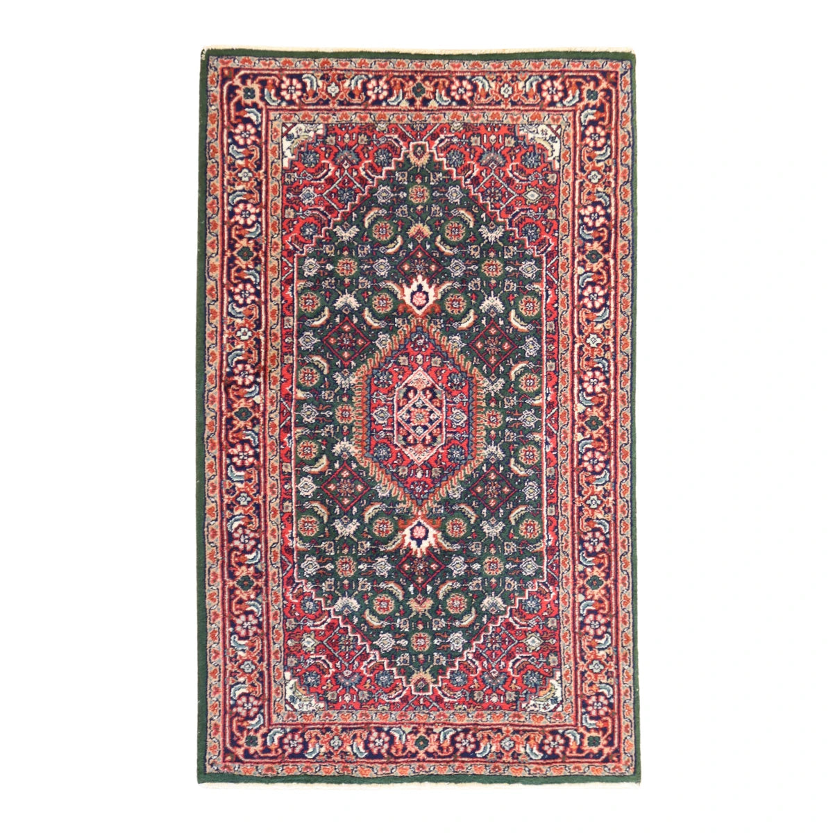 3'0" x 5'0" GREEN AND BLACK BIJAR GEOMETRIC INDIAN RUG