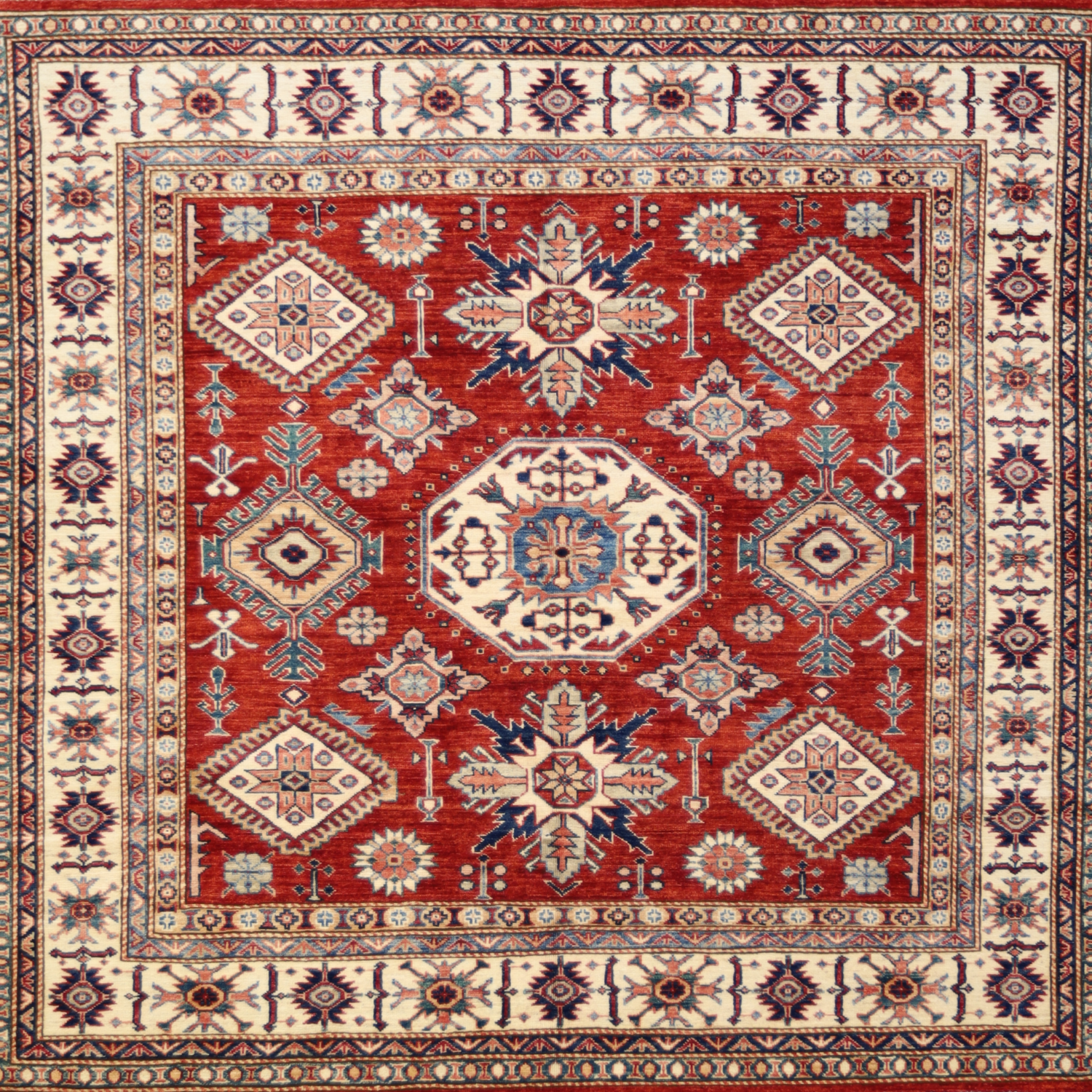 5'10" x 6'1" RED AND IVORY KAZAK GEOMETRIC PAKISTANI RUG