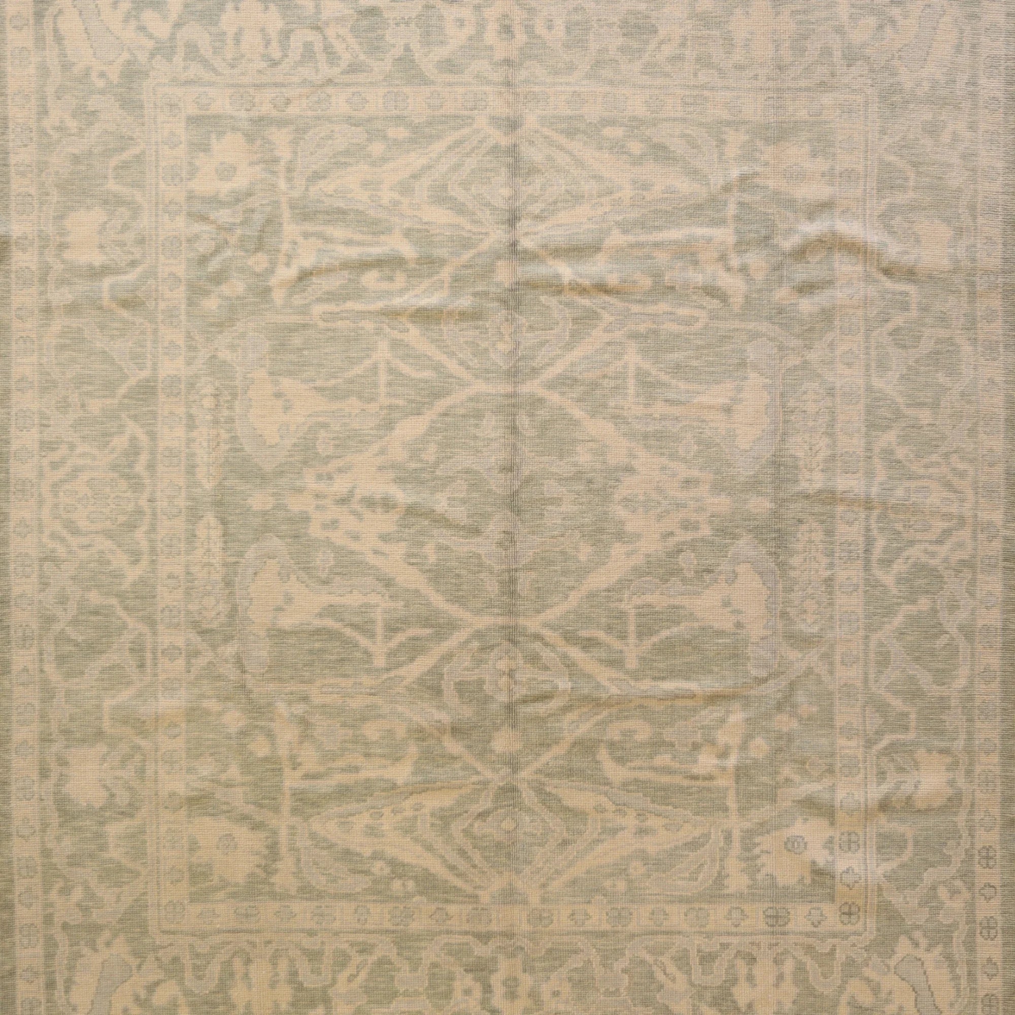 8'4" x 9'9" GREEN AND GREEN OUSHAK GEOMETRIC TURKISH RUG