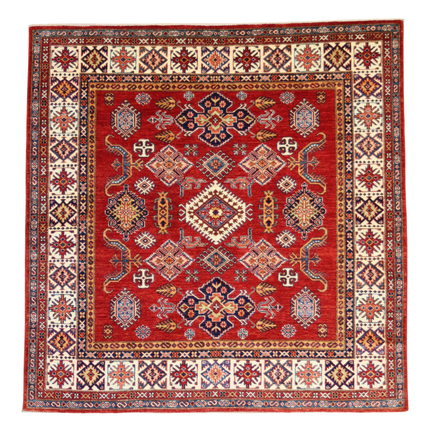 5'1" x 6'0" RED AND IVORY KAZAK GEOMETRIC PAKISTANI RUG
