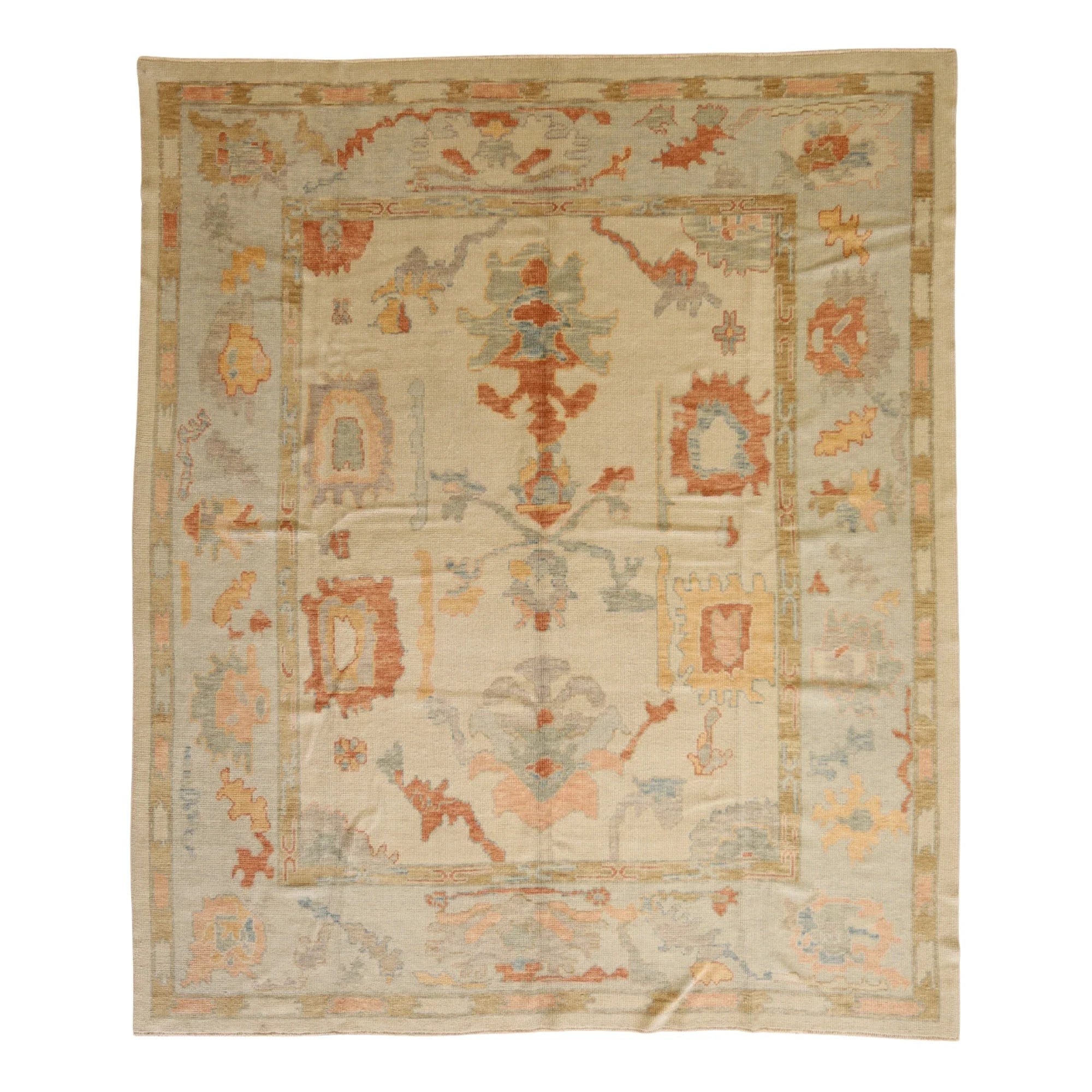 8'2" x 9'8" GRAY AND BLUE OUSHAK GEOMETRIC TURKISH RUG