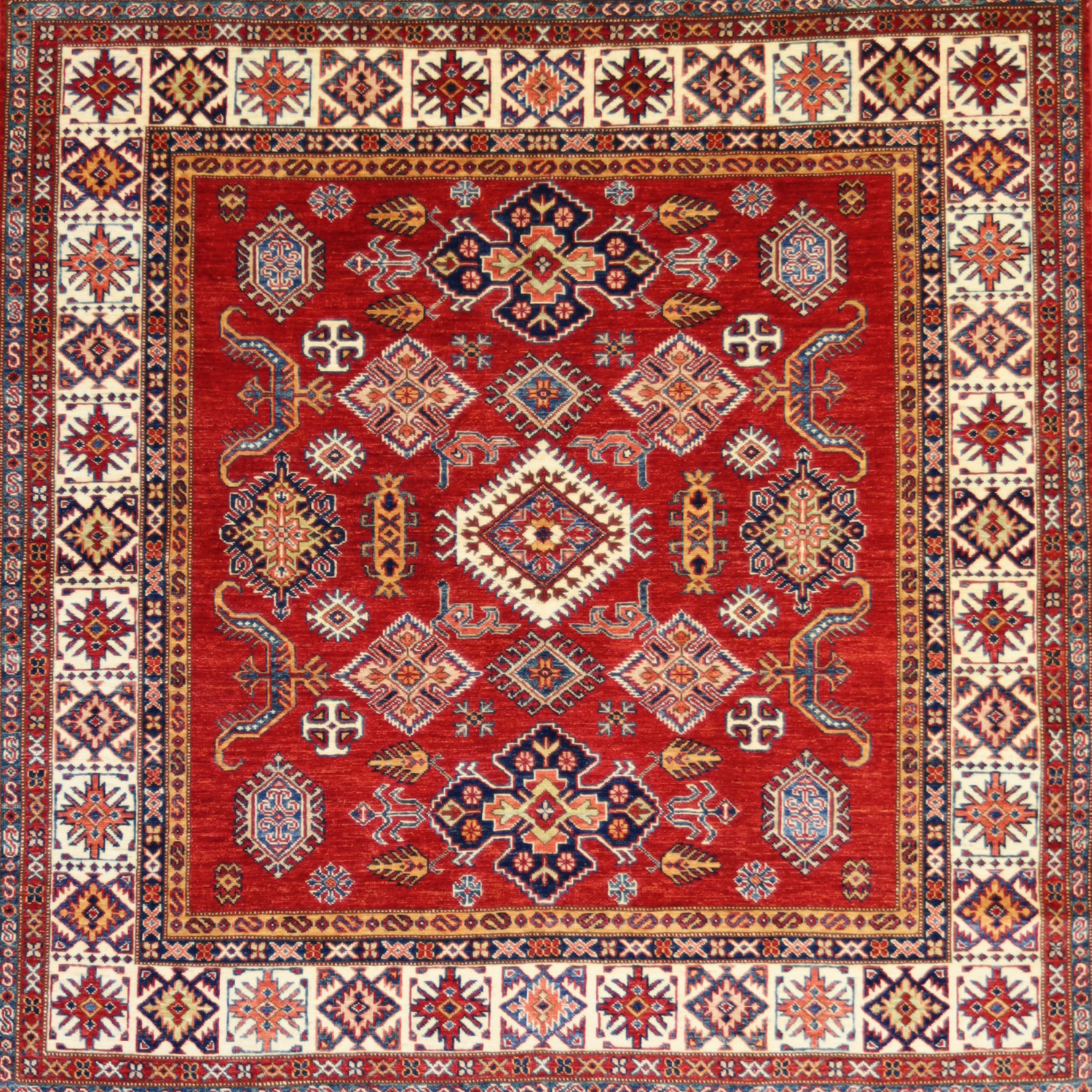 5'1" x 6'0" RED AND IVORY KAZAK GEOMETRIC PAKISTANI RUG