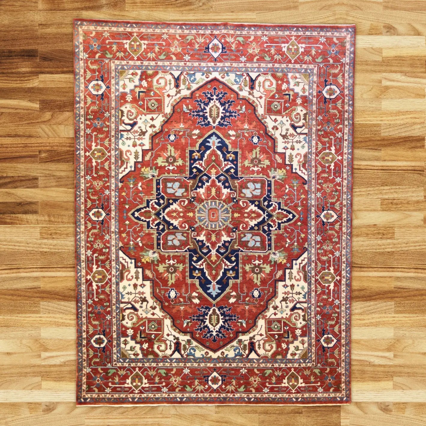 8'10" x 12'1" RED AND RED SERAPI GEOMETRIC INDIAN RUG