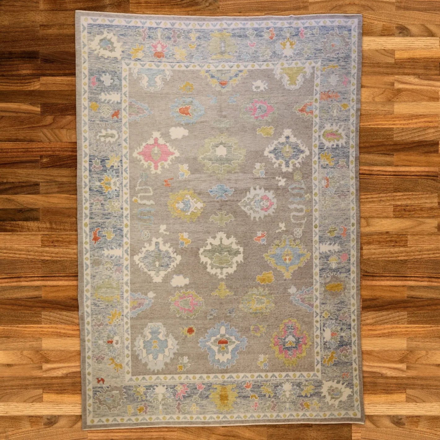9'1" x 13'2" GRAY AND BLUE OUSHAK GEOMETRIC TURKISH RUG