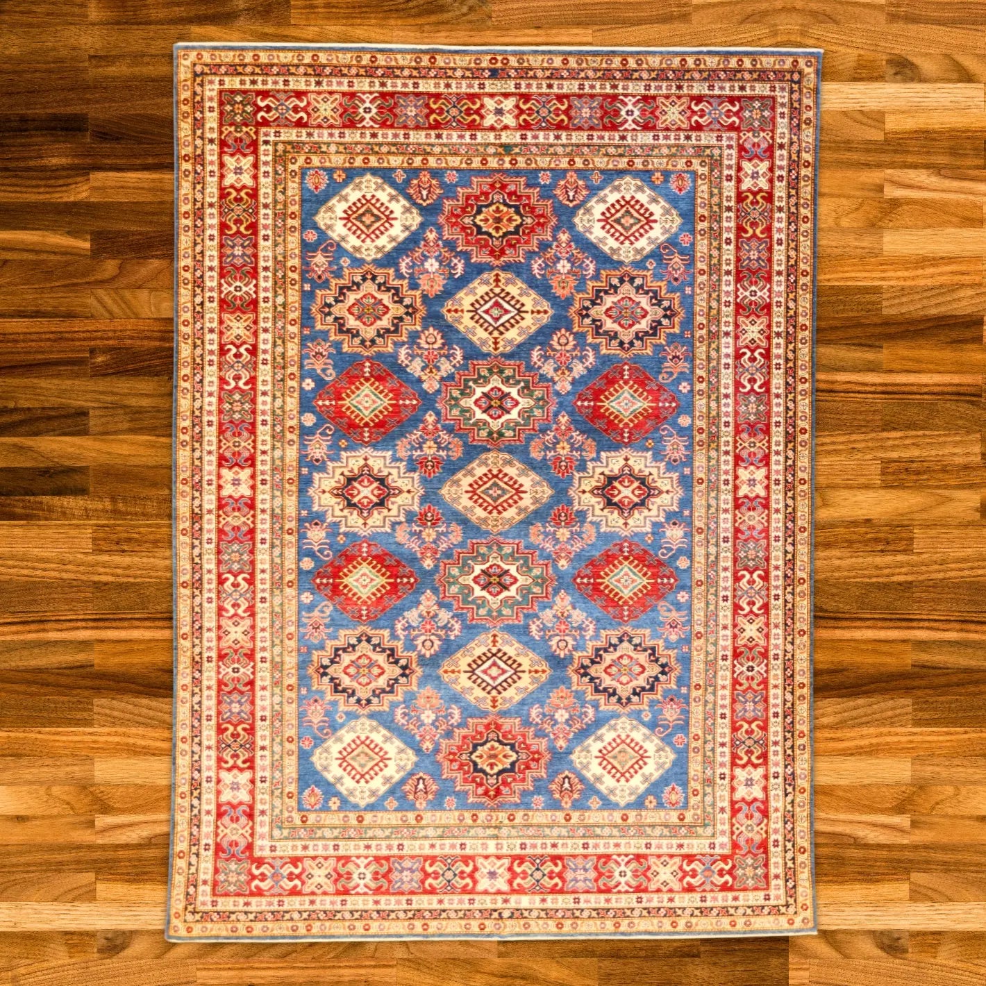 9'0" x 12'6" BLUE AND RED KAZAK GEOMETRIC PAKISTANI RUG