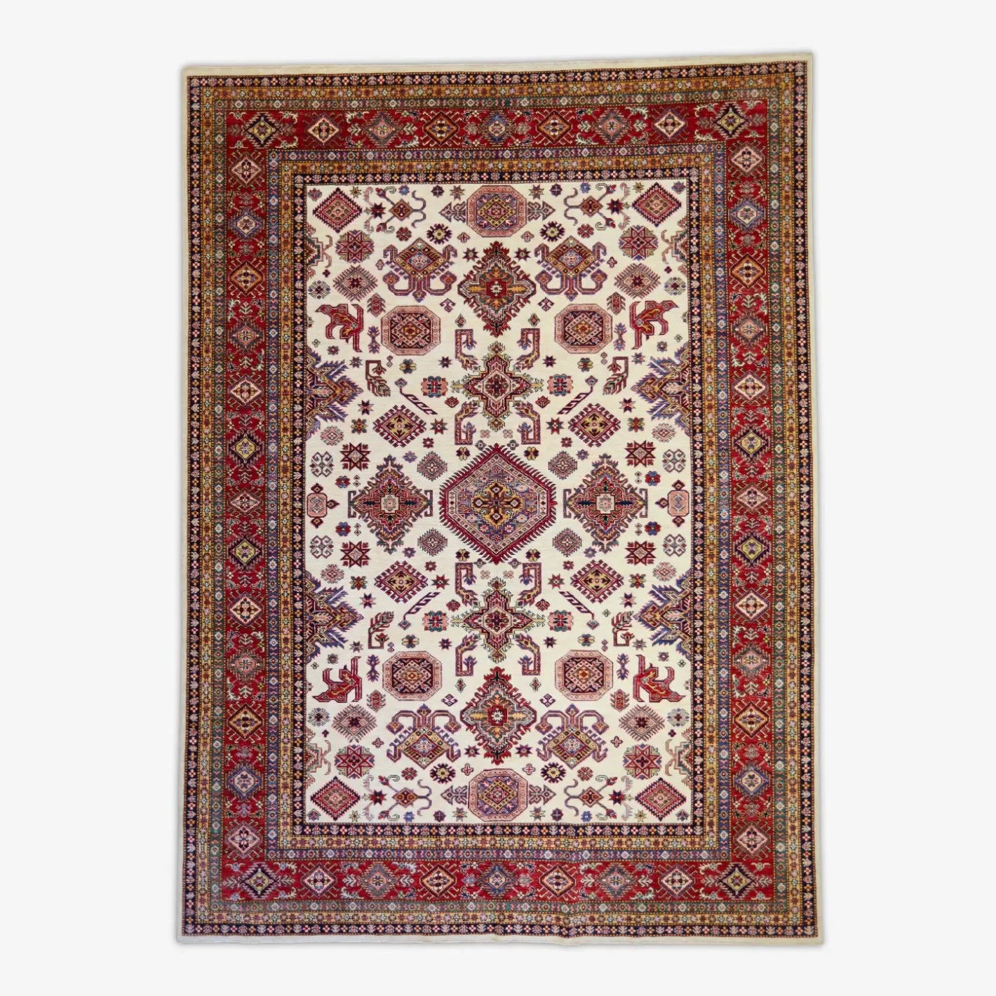 9'0" x 12'4" BEIGE AND RED KAZAK GEOMETRIC PAKISTANI RUG