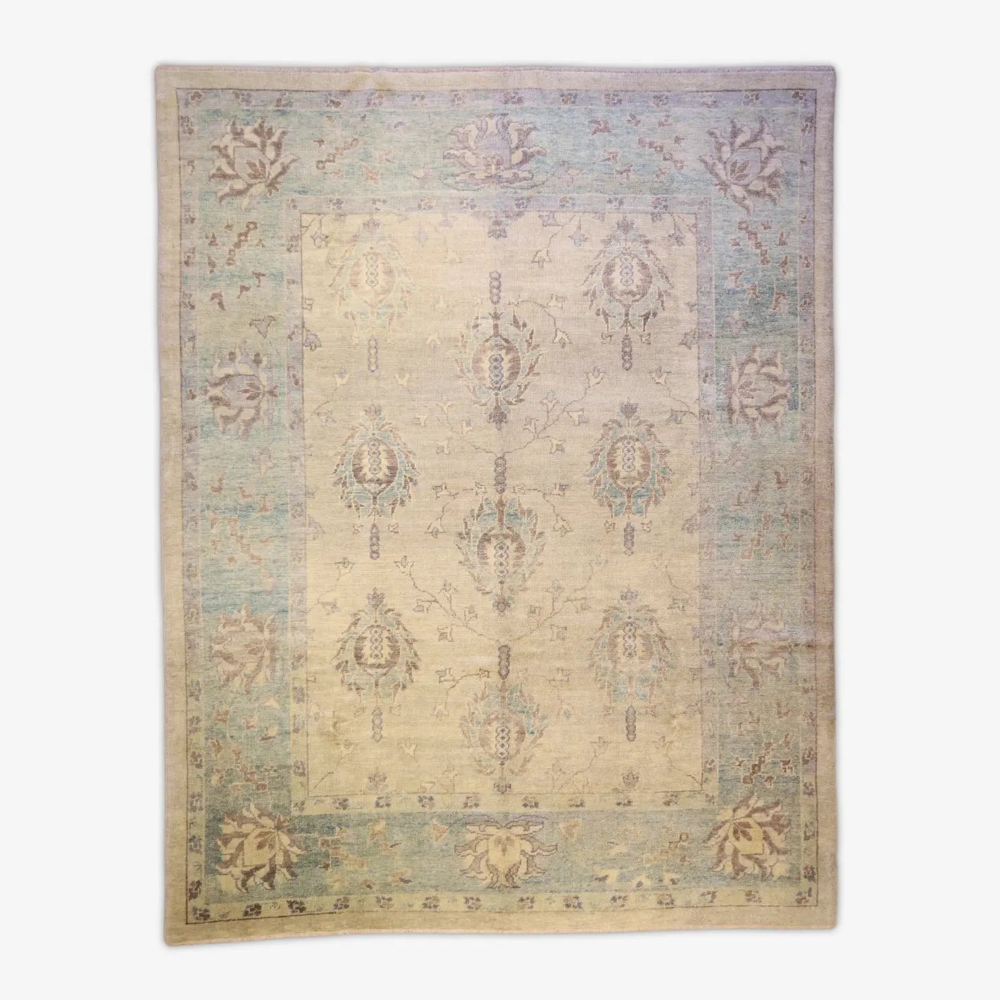 9'5" x 12'1" BLUE AND AQUA OUSHAK GEOMETRIC TURKISH RUG