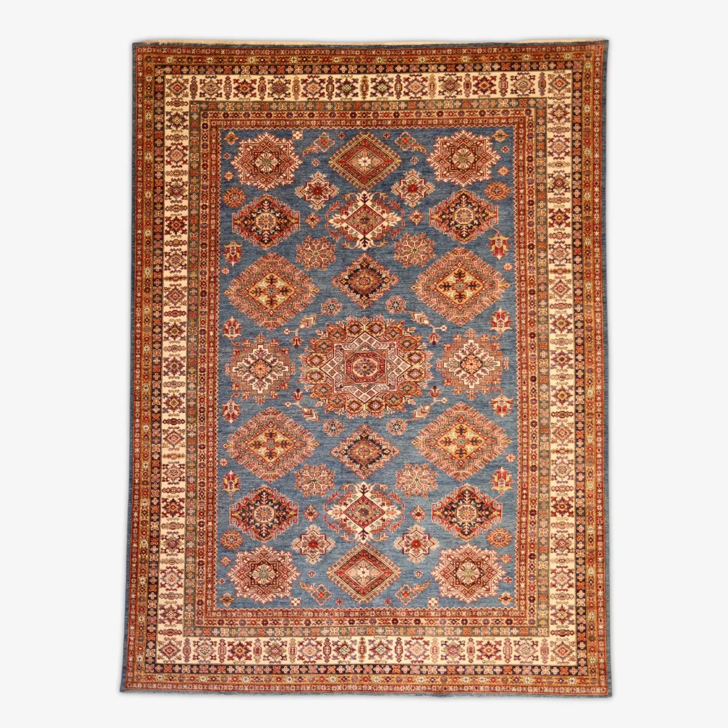 8'9" x 11'11" BLUE AND BEIGE KAZAK GEOMETRIC PAKISTANI RUG