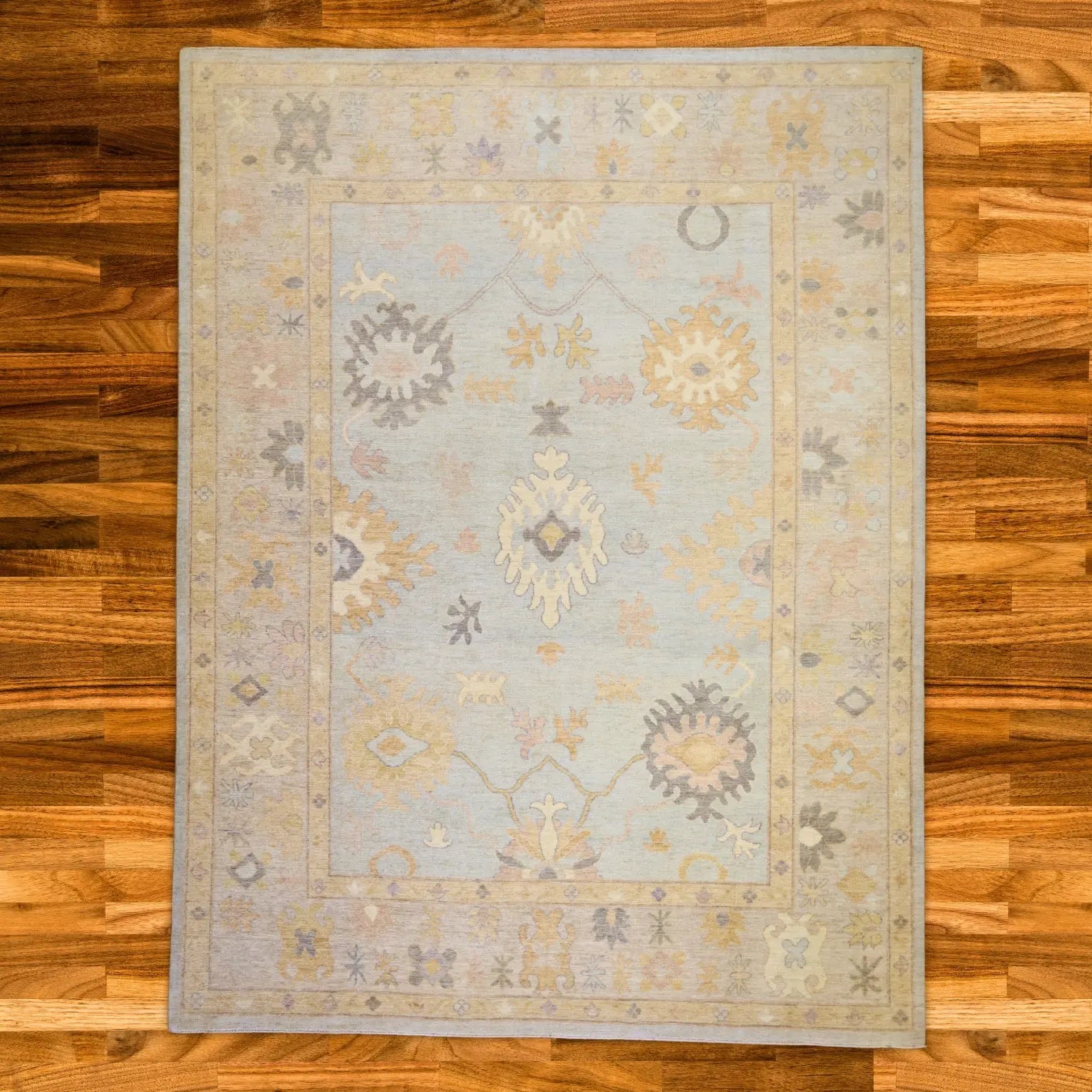 9'2" x 12'0" BLUE AND SILVER OUSHAK GEOMETRIC PAKISTANI RUG