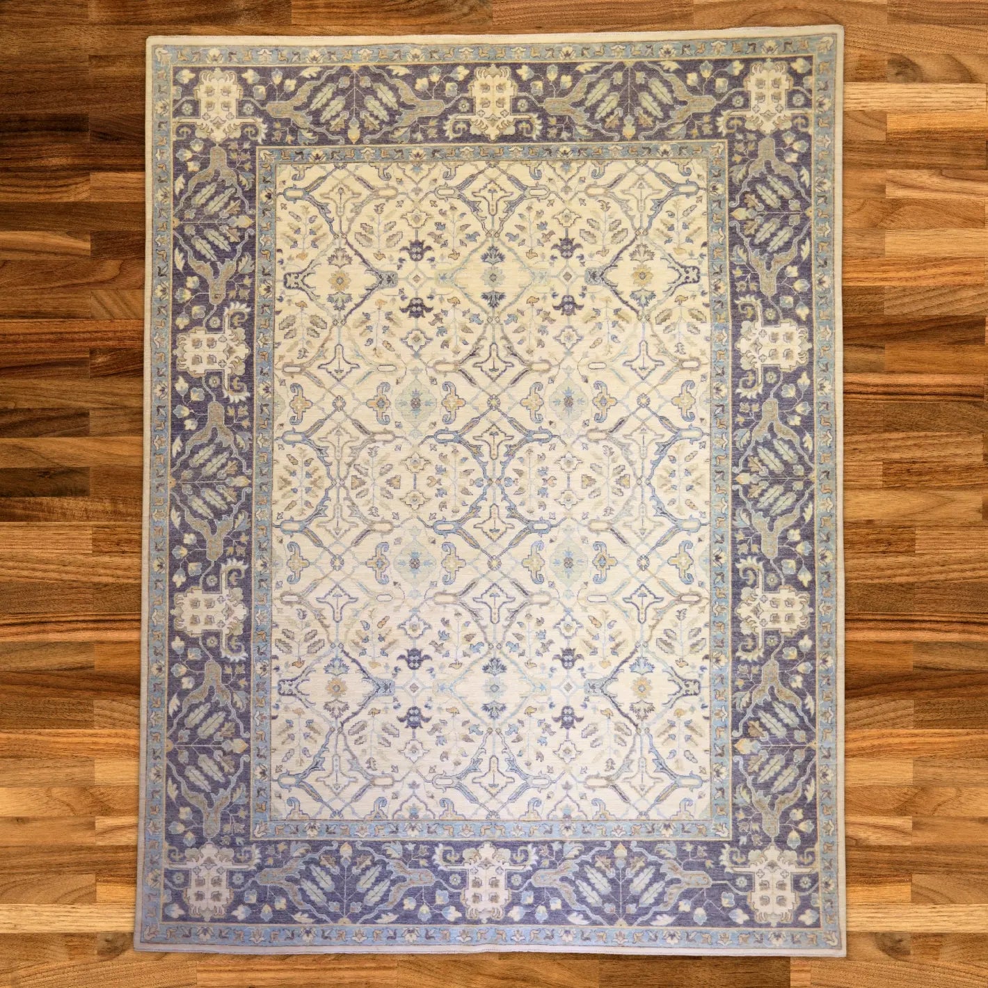 9'0" x 11'9" IVORY AND BLUE PESHAWAR FLORAL PAKISTANI RUG