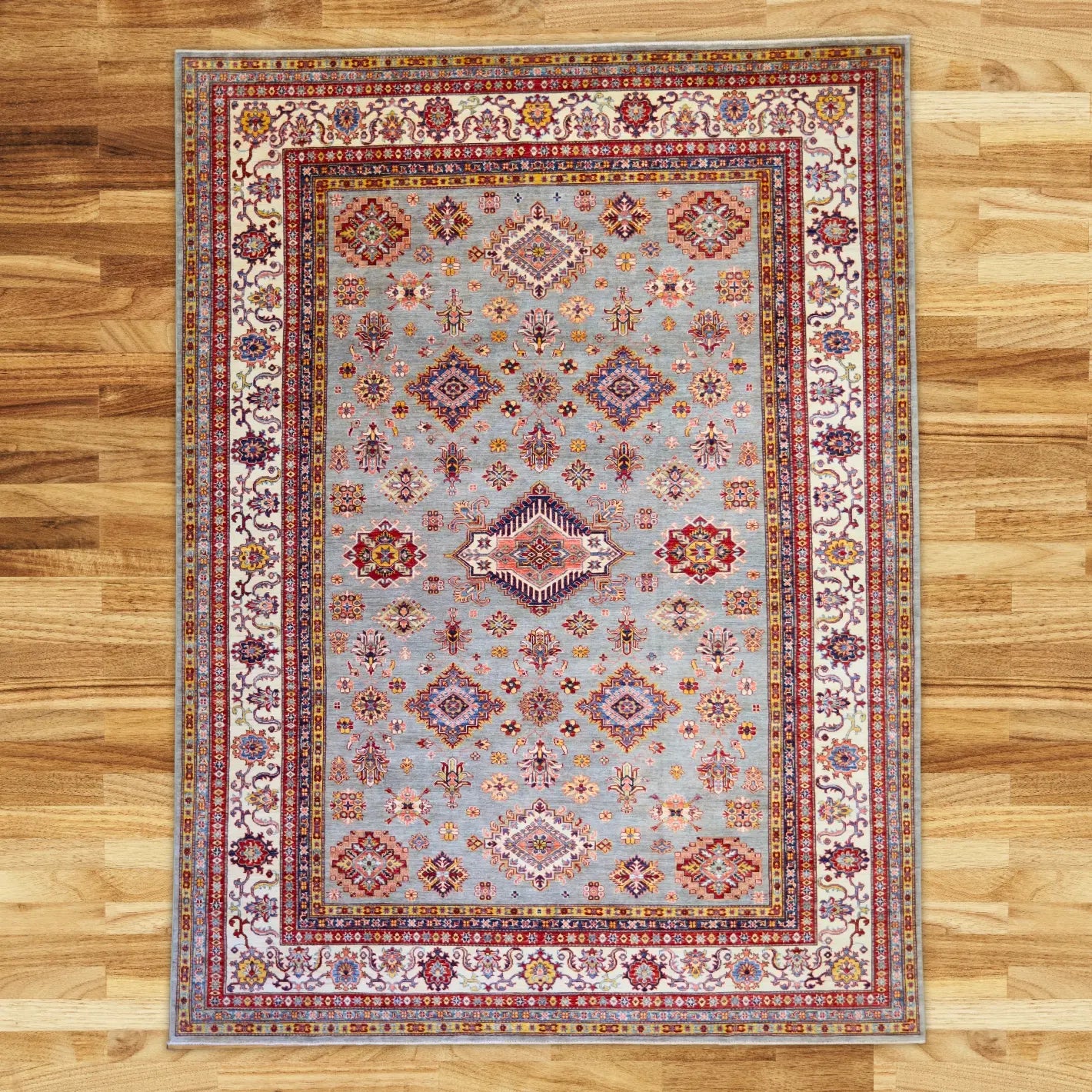 9'2" x 12'3" GRAY AND IVORY KAZAK GEOMETRIC PAKISTANI RUG