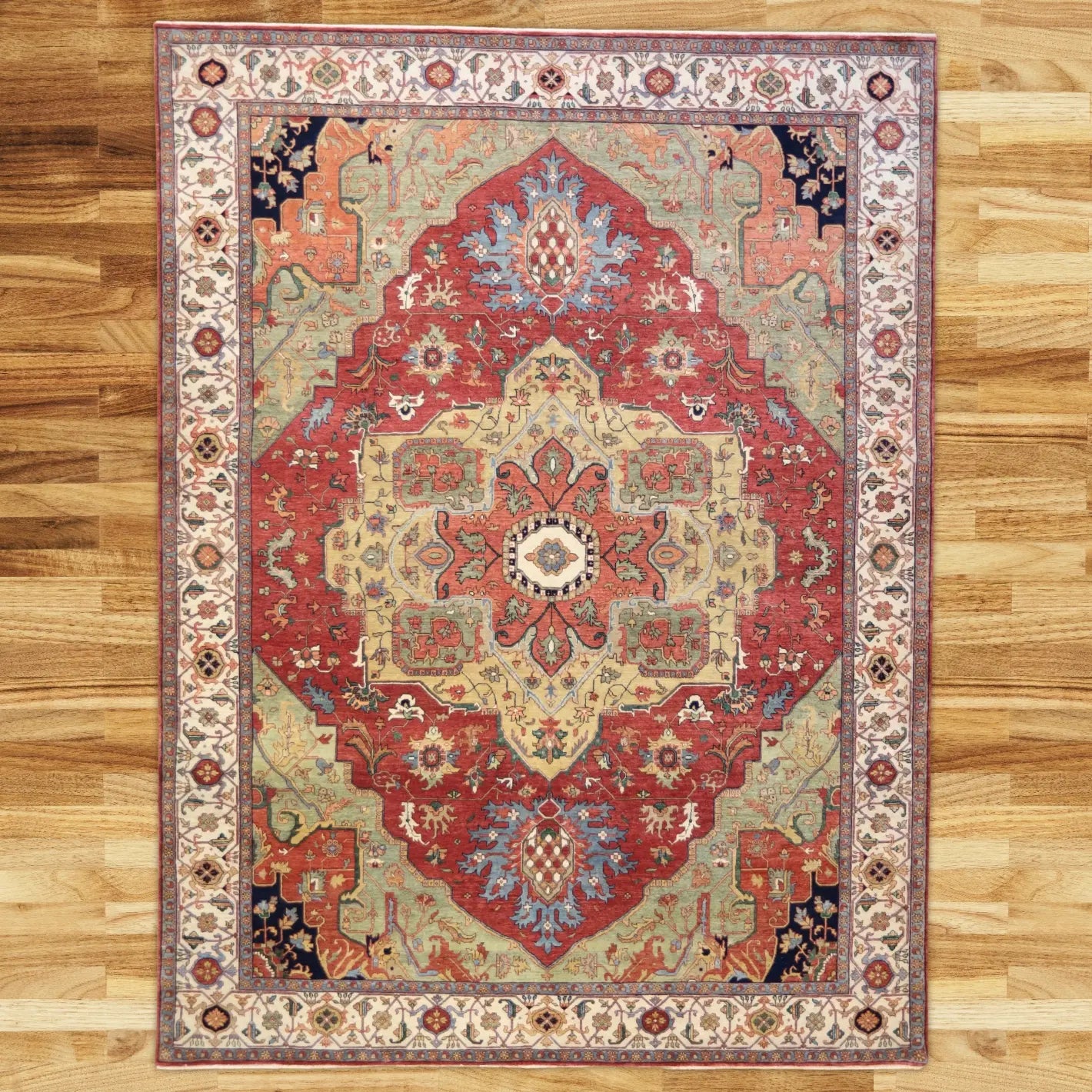 9'0" x 12'0" RED AND BEIGE SERAPI GEOMETRIC INDIAN RUG