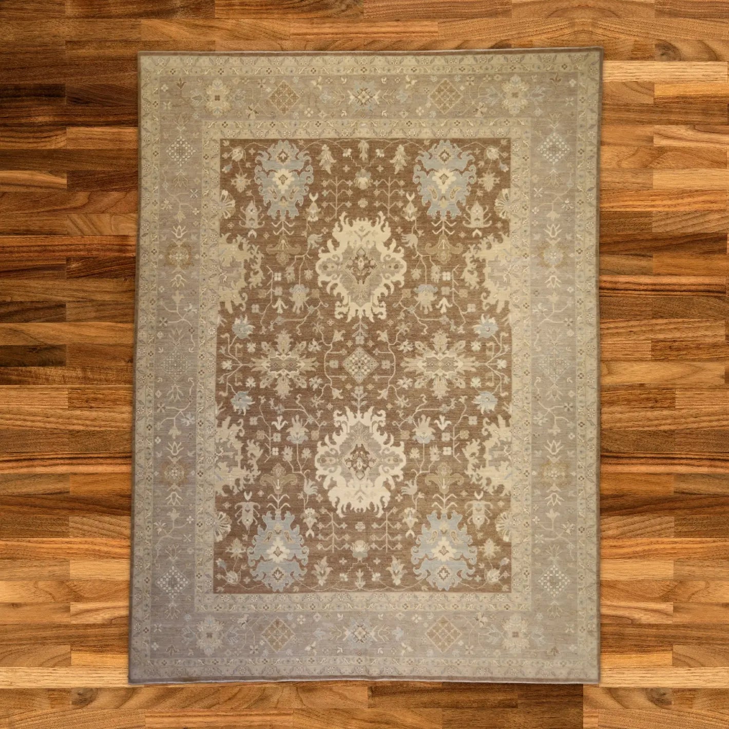 9'0" x 12'1" BROWN AND TAUPE PESHAWAR GEOMETRIC PAKISTANI RUG