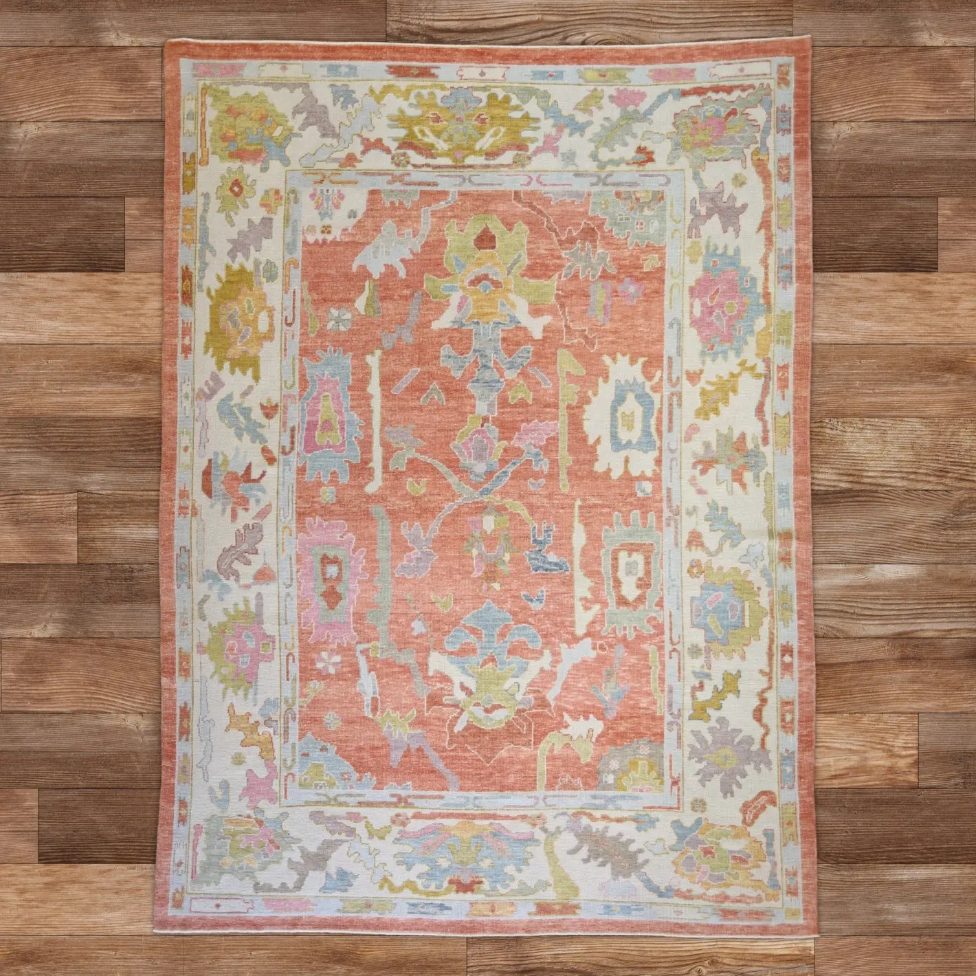 9'2" x 12'5" SALMON AND BEIGE OUSHAK GEOMETRIC TURKISH RUG