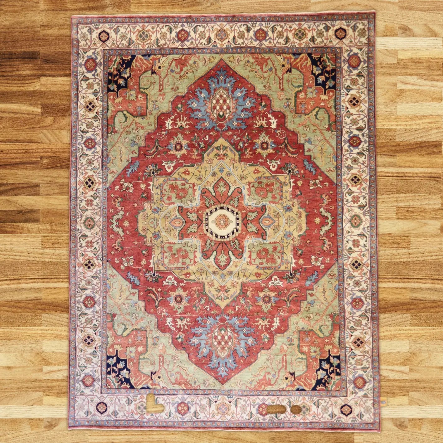 9'0" x 12'1" RED AND BEIGE SERAPI GEOMETRIC INDIAN RUG