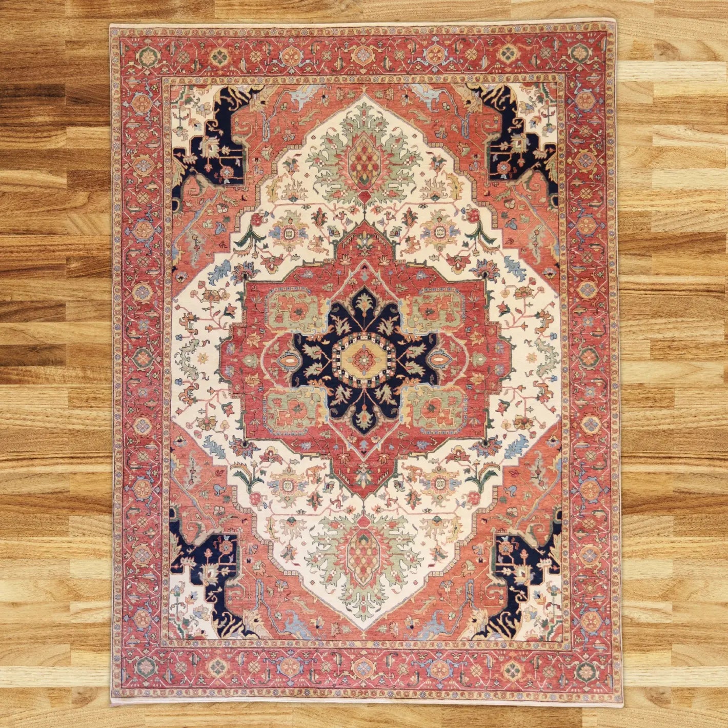 9'0" x 11'11" BEIGE AND RED SERAPI GEOMETRIC INDIAN RUG