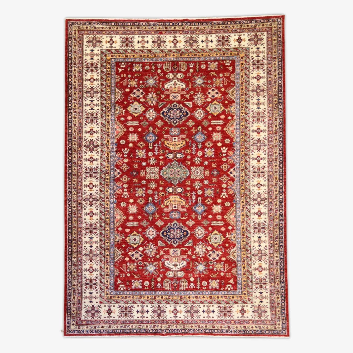9'0" x 12'8" RED AND BEIGE KAZAK GEOMETRIC PAKISTANI RUG